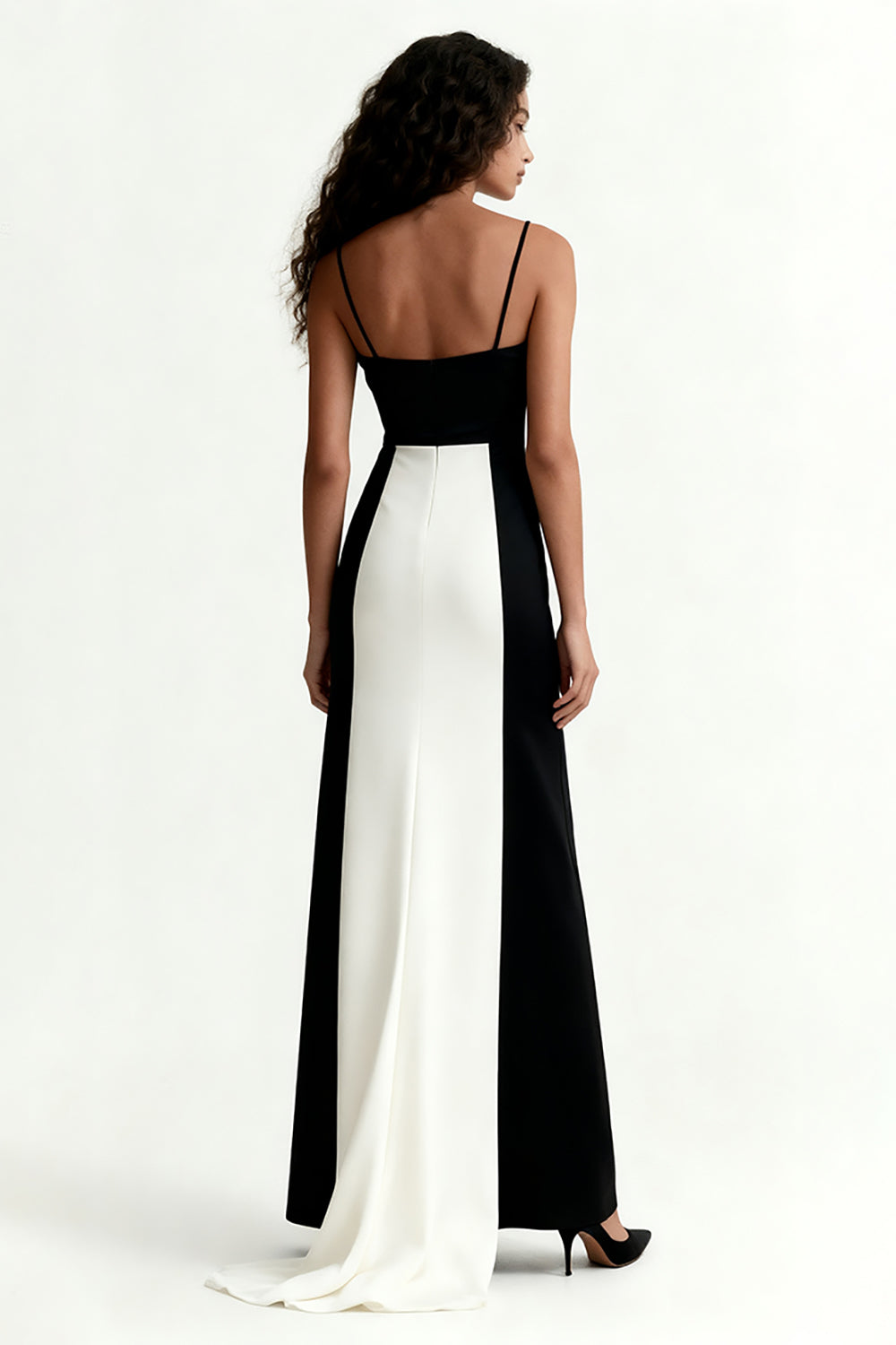 Black and White Satin Sheath Patchwork Spaghetti Straps Long Evening Dress