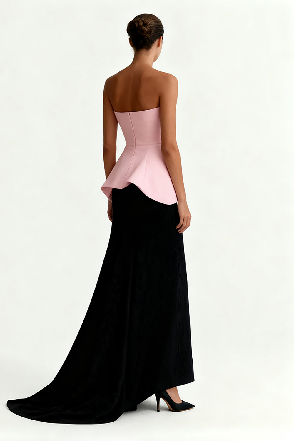Black and Pink Strapless Satin Sheath Long Evening Dress