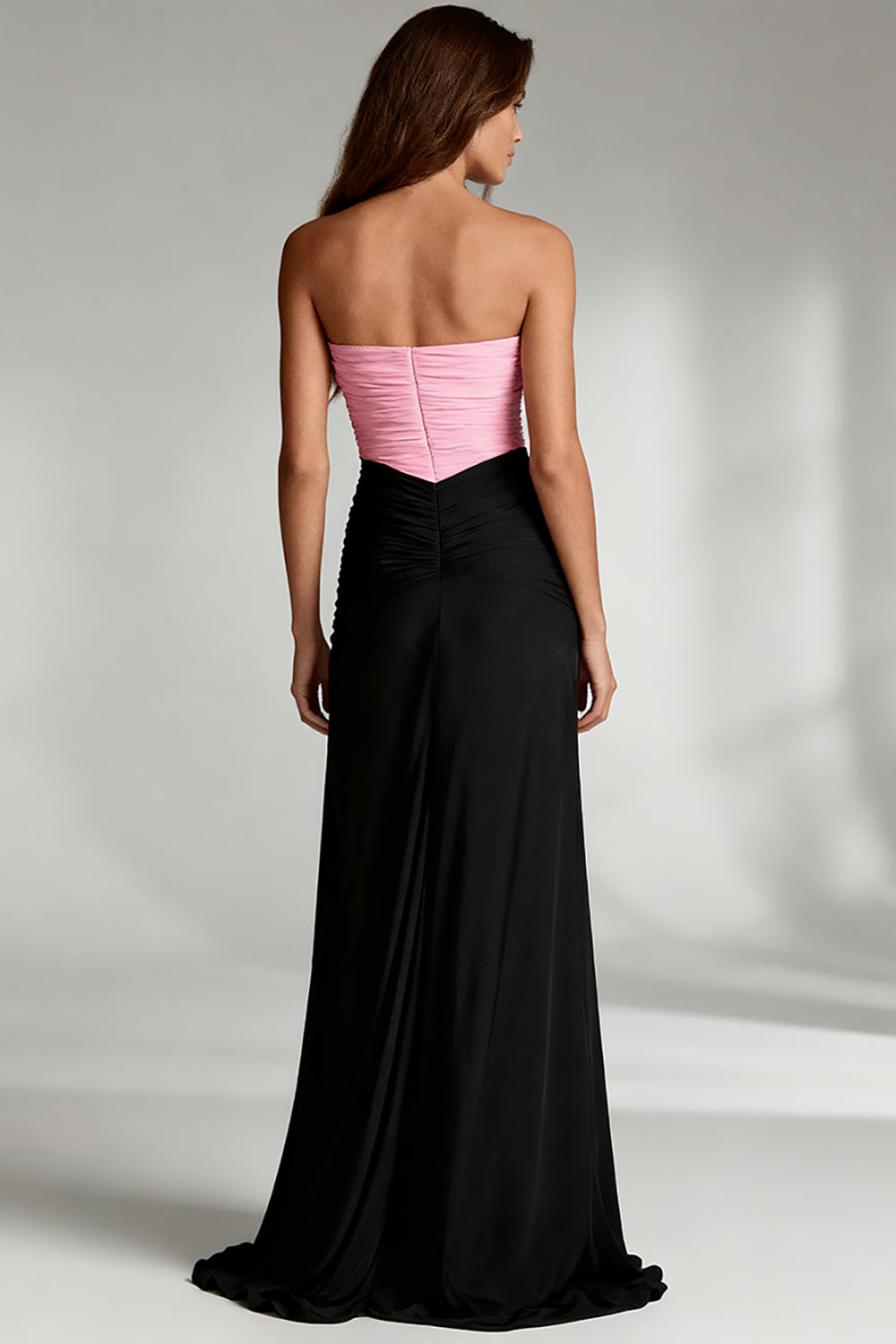 Black and Pink Patchwork Satin Strapless Ruched Long Evening Dress