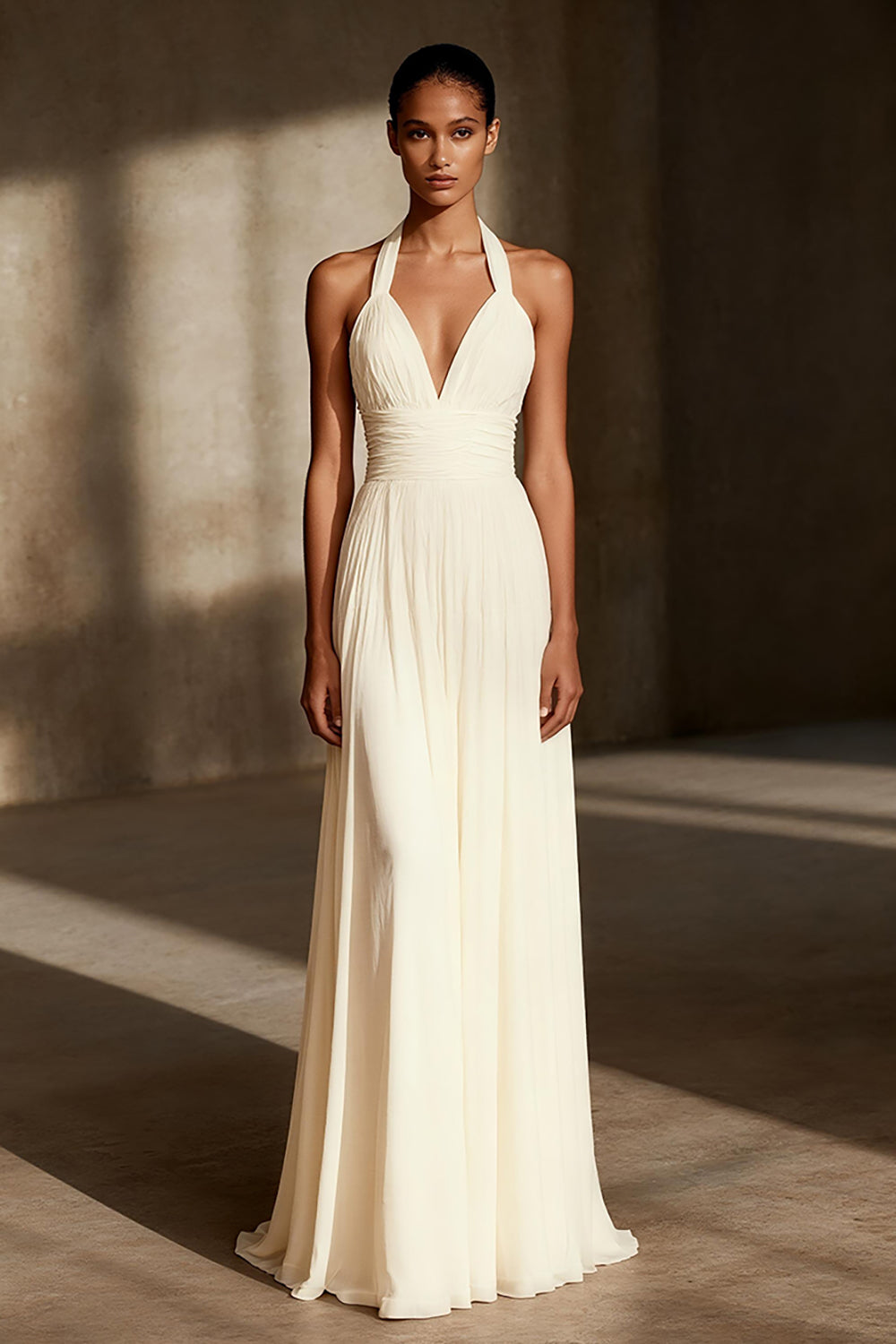 Ivory Chiffon Sheath Ruched Halter Criss Cross Back Long Evening Dress