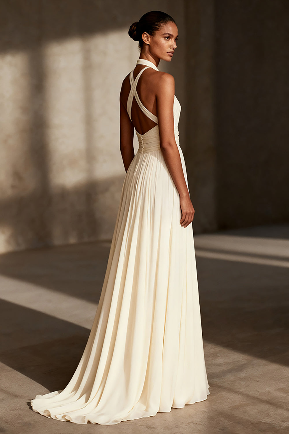 Ivory Chiffon Sheath Ruched Halter Criss Cross Back Long Evening Dress