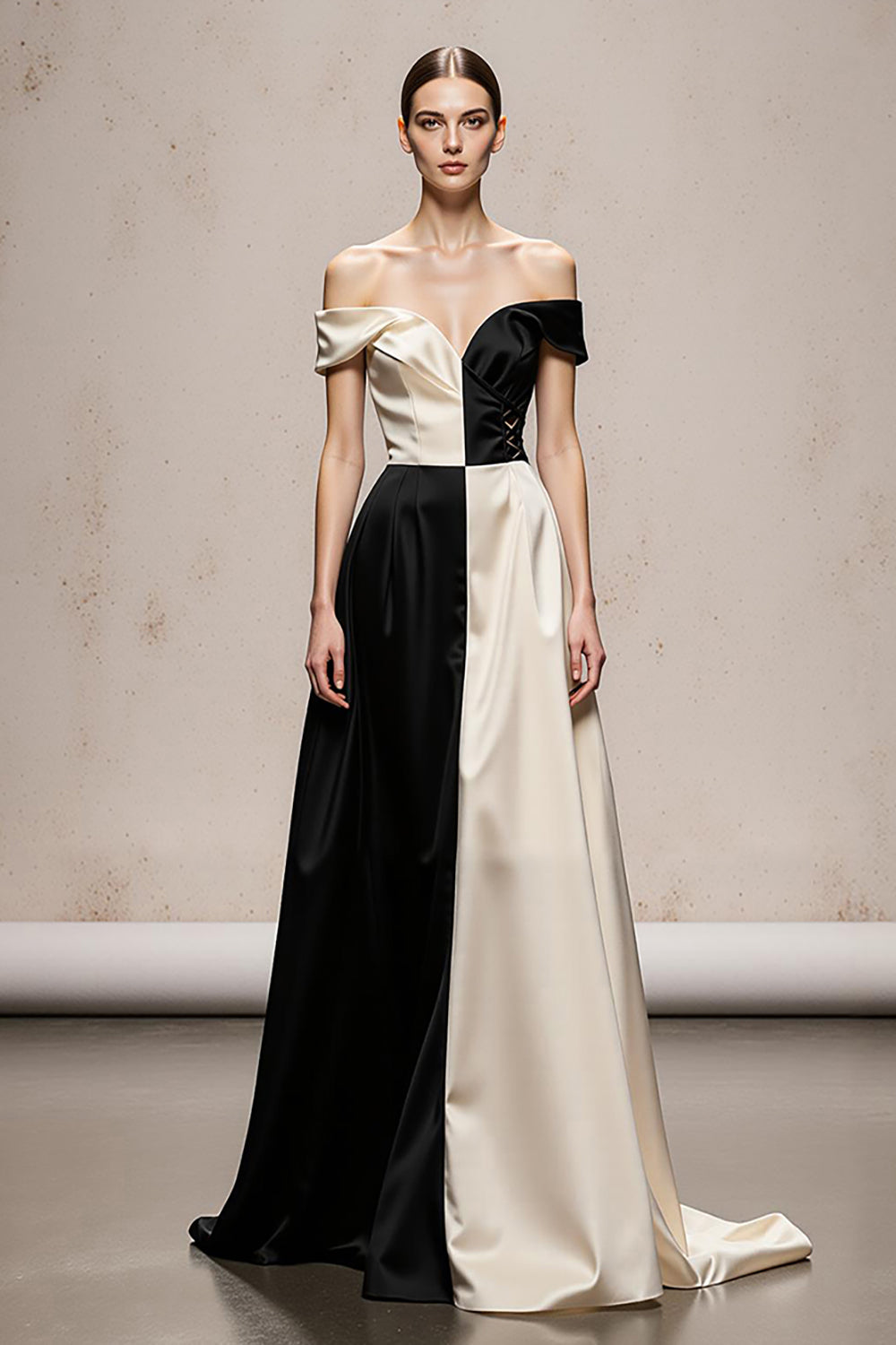 Black and White A Line Satin Patchwork Off the Shoulder Long Evening Dress