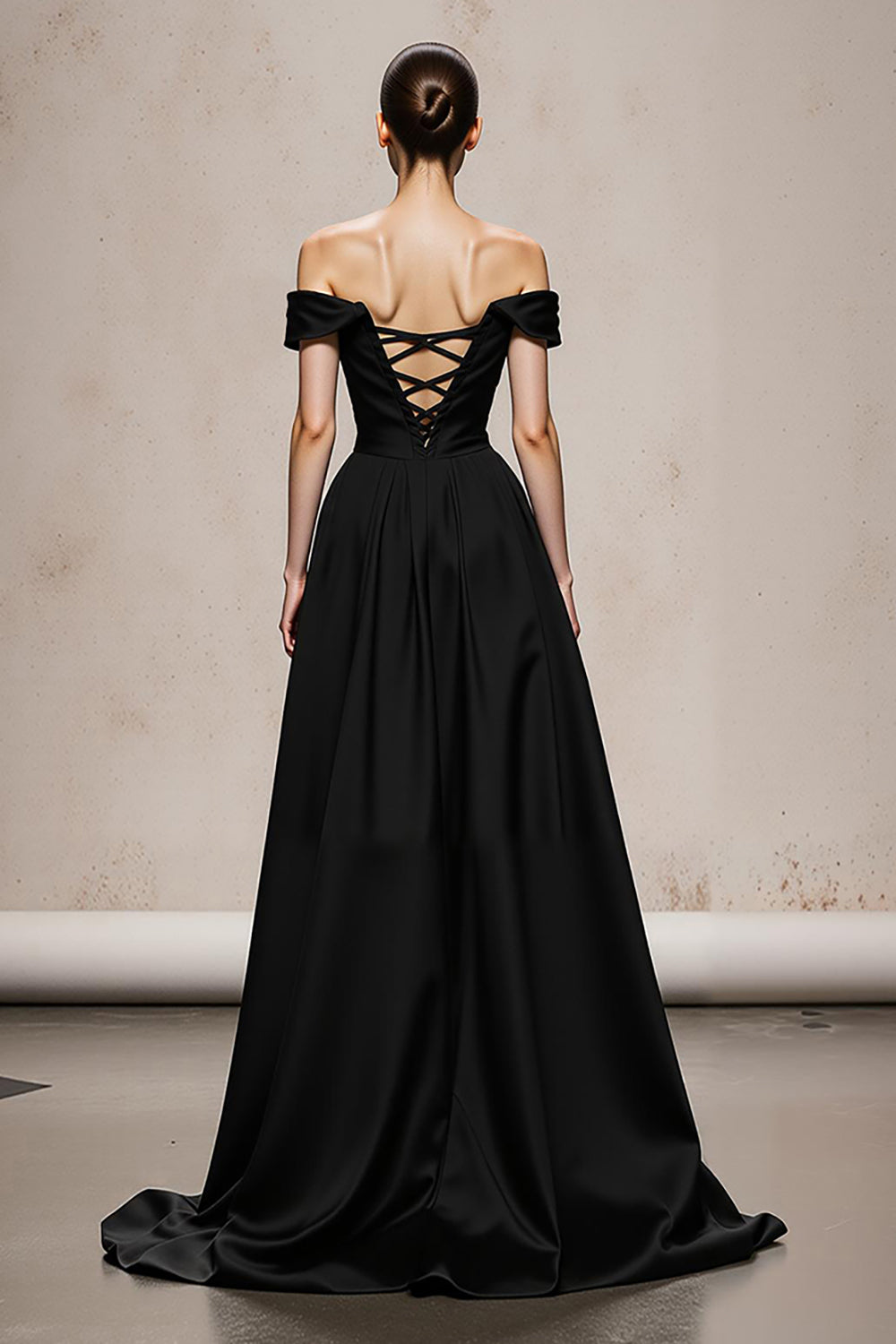 Black and White A Line Satin Patchwork Off the Shoulder Long Evening Dress