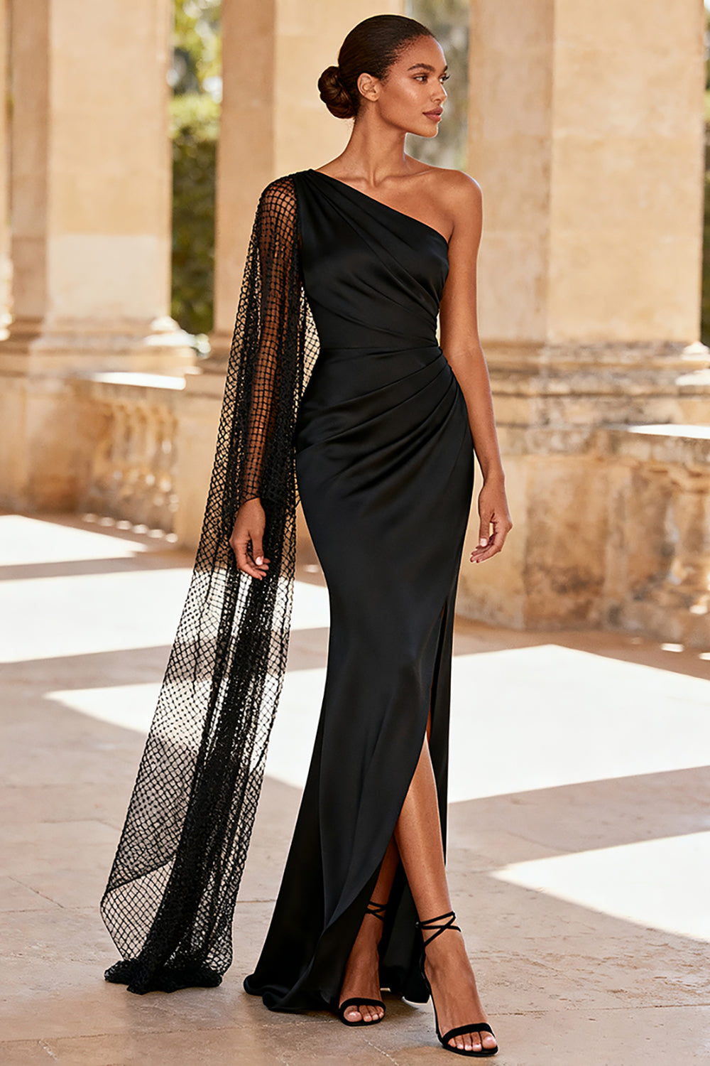 Black Mermaid Satin One Shoulder Ruched Long Evening Dress with Slit