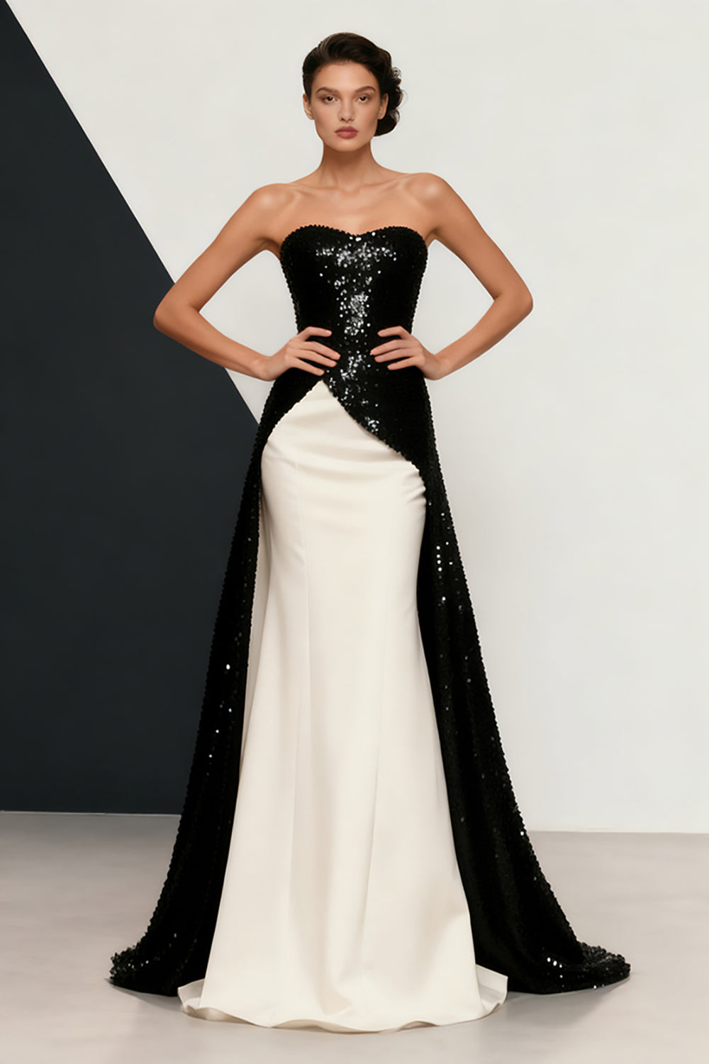 Sparkly Black and White Mermaid Sequins Strapless Long Evening Dress