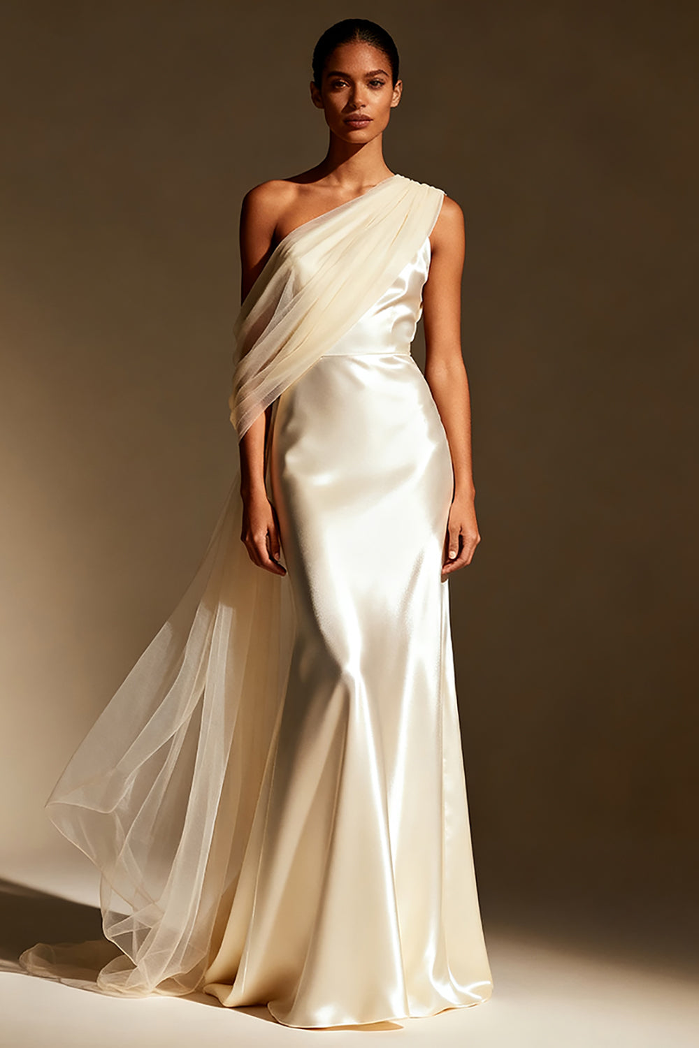 White Satin One Shoulder Mermaid Long Evening Dress with Side Cape