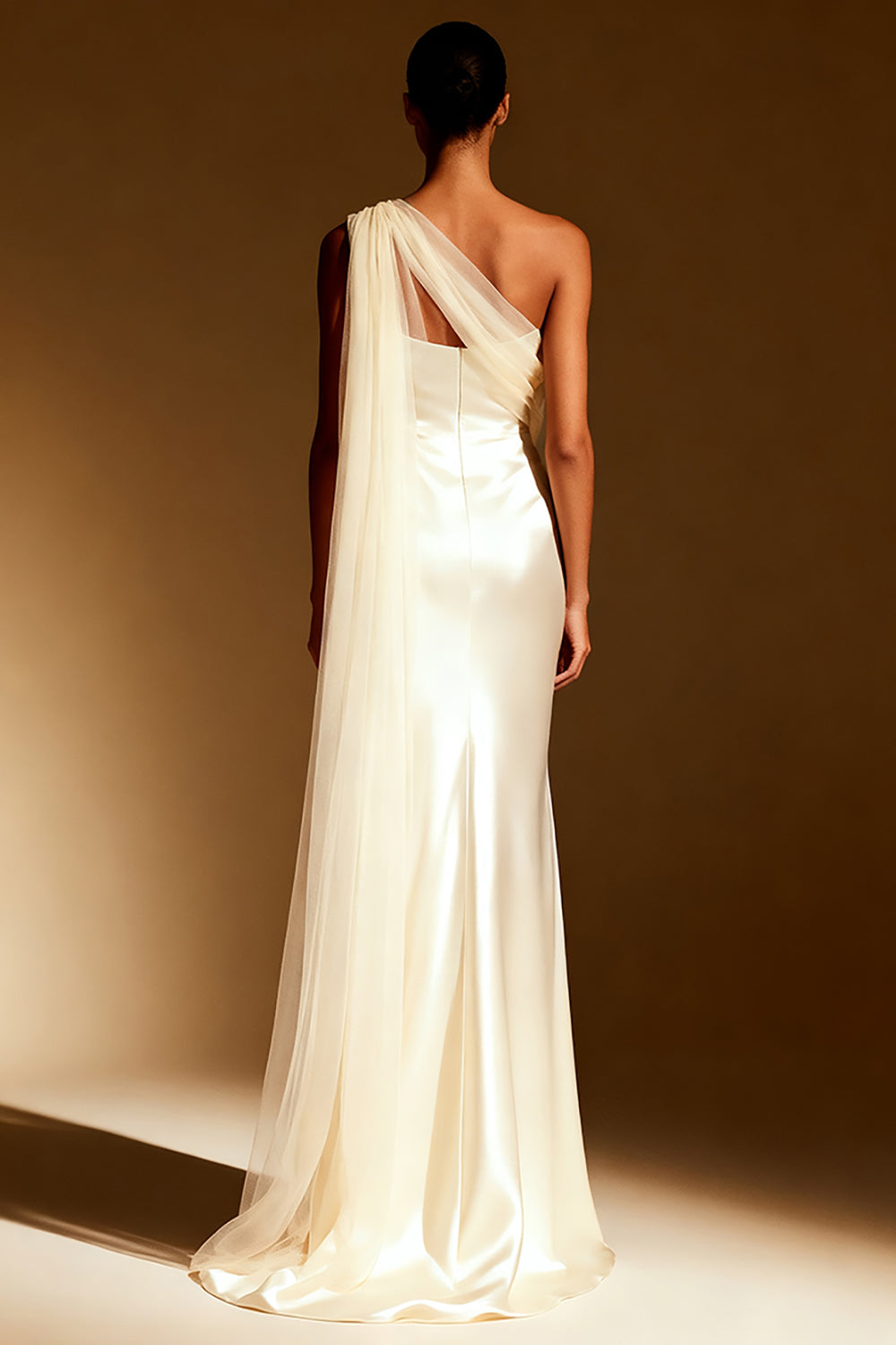 White Satin One Shoulder Mermaid Long Evening Dress with Side Cape