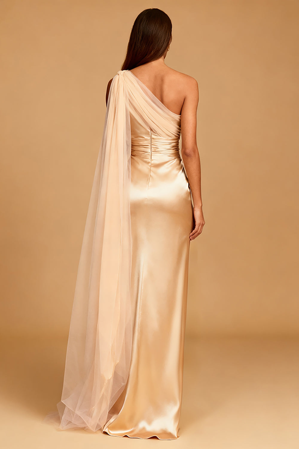 Champagne Satin One Shoulder Ruched Mermaid Long Evening Dress with Cape