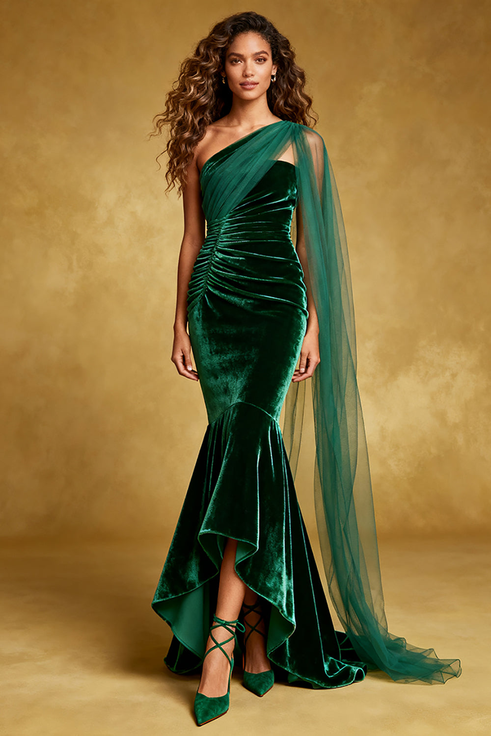 Dark Green Velvet Ruffled Mermaid Long Holiday Party Dress with Cape
