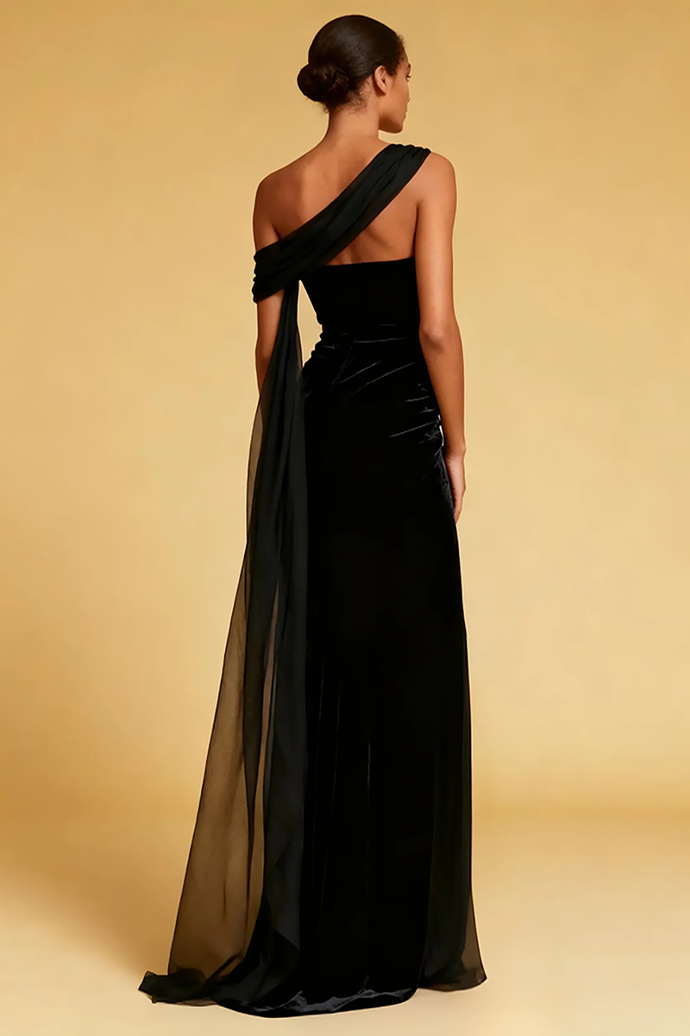 Black Velvet Mermaid One Shoulder Ruched Long Evening Dress with Slit