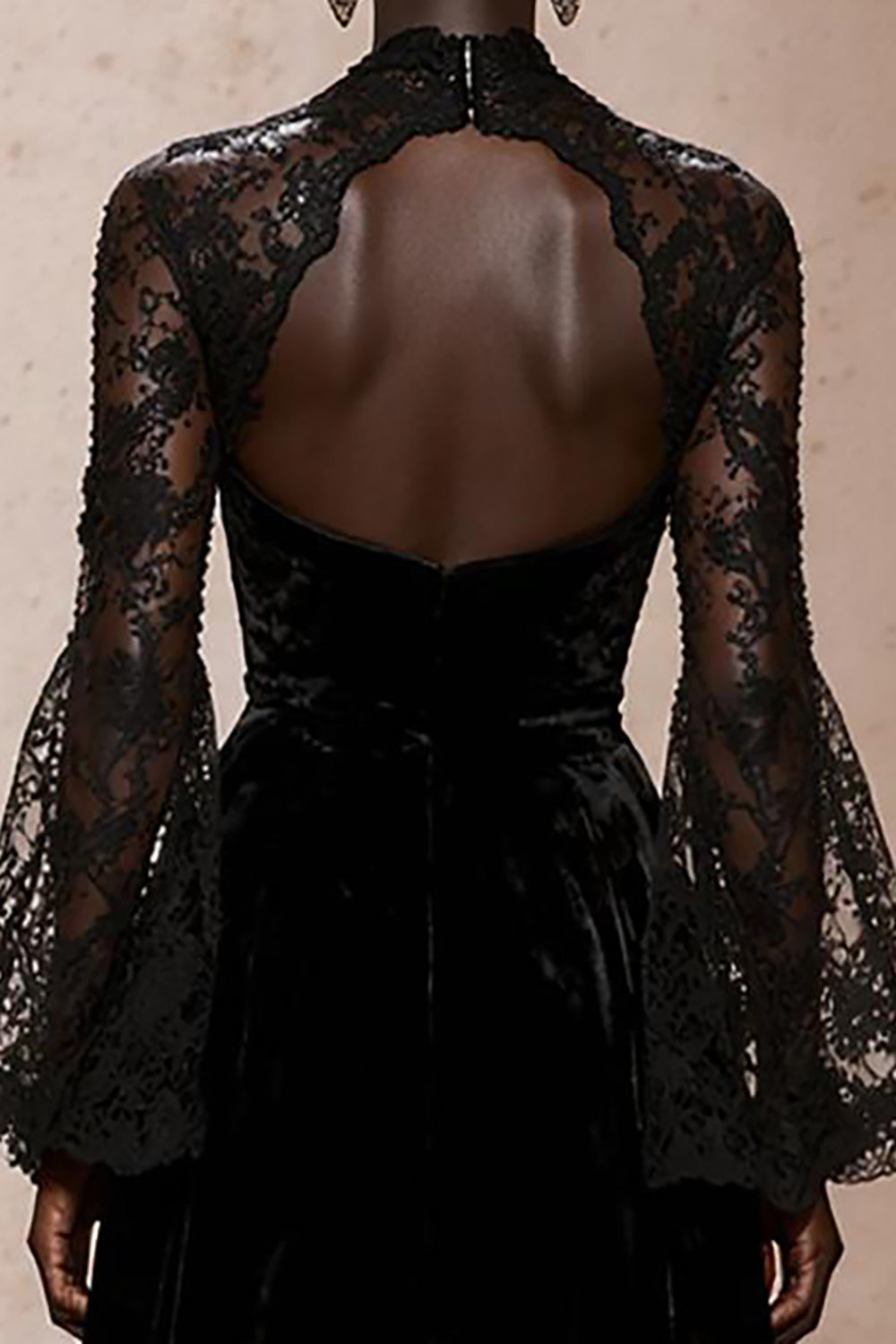Black Sheath Velvet High Neck Lace Long Sleeves Holiday Party Dress