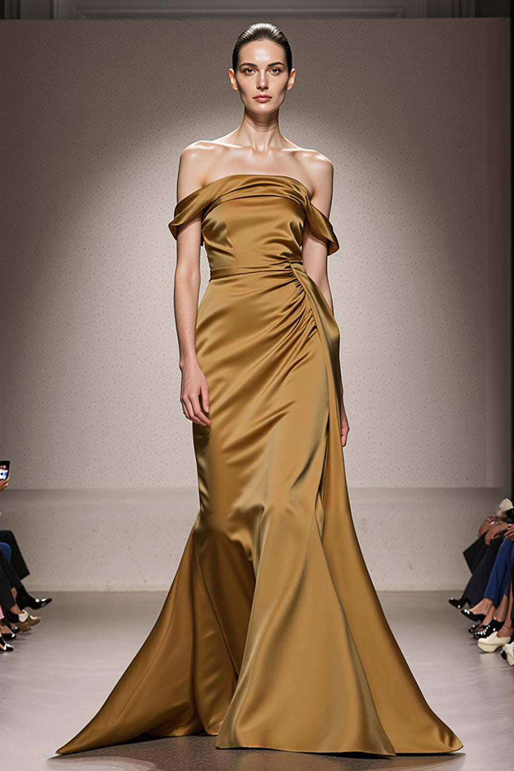 Yellow Satin Off the Shoulder Mermaid Ruched Long Evening Dress