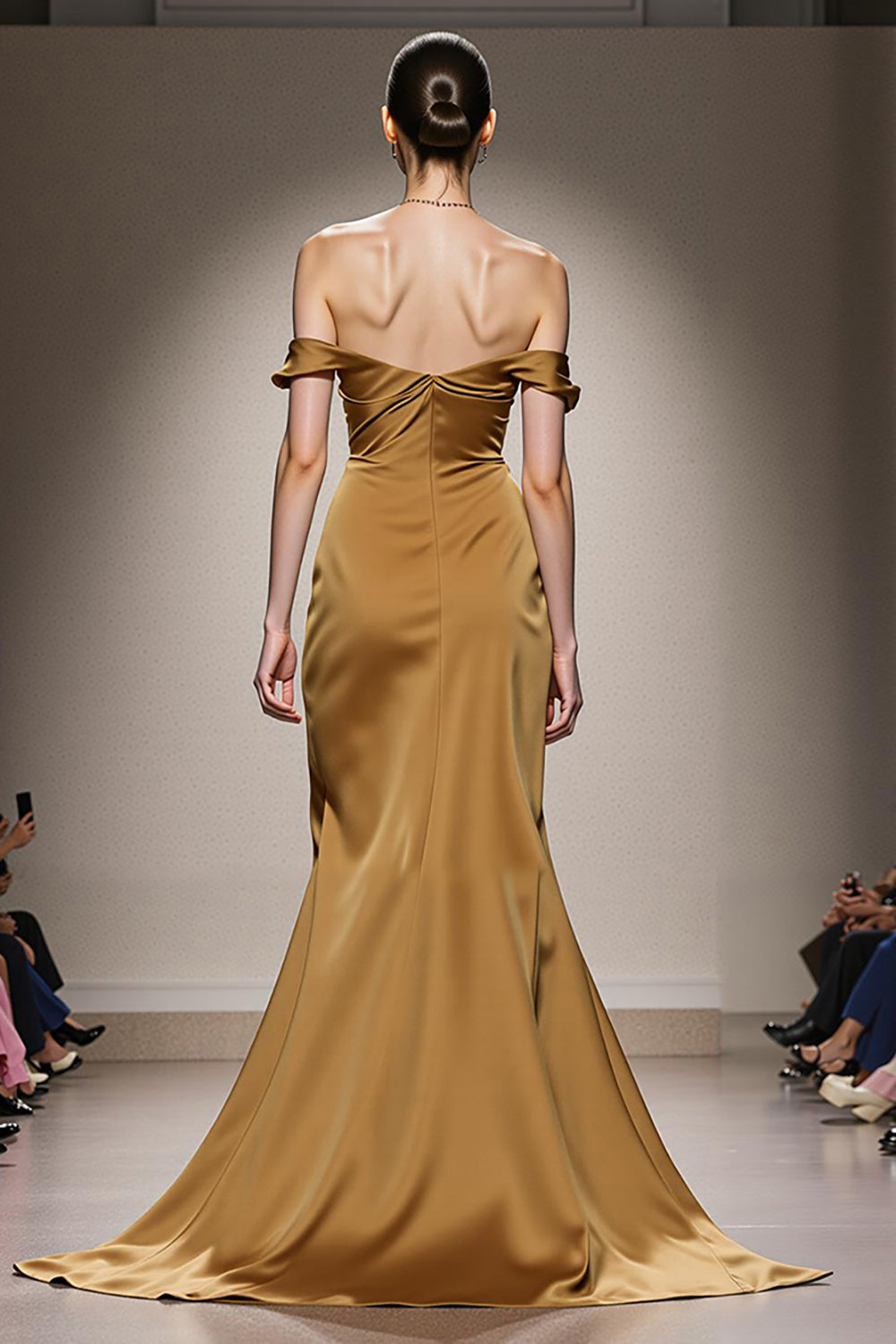 Yellow Satin Off the Shoulder Mermaid Ruched Long Evening Dress