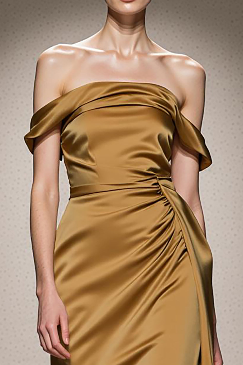 Yellow Satin Off the Shoulder Mermaid Ruched Long Evening Dress