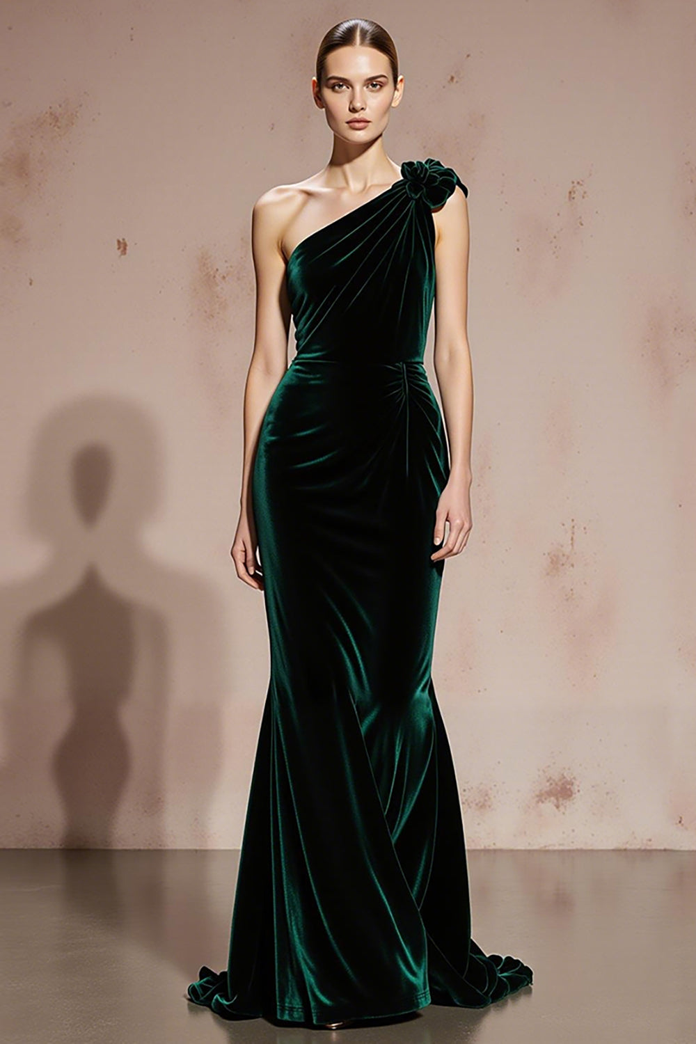 Dark Green Mermaid Velvet One Shoulder Long Holiday Party Dress with 3D Flower
