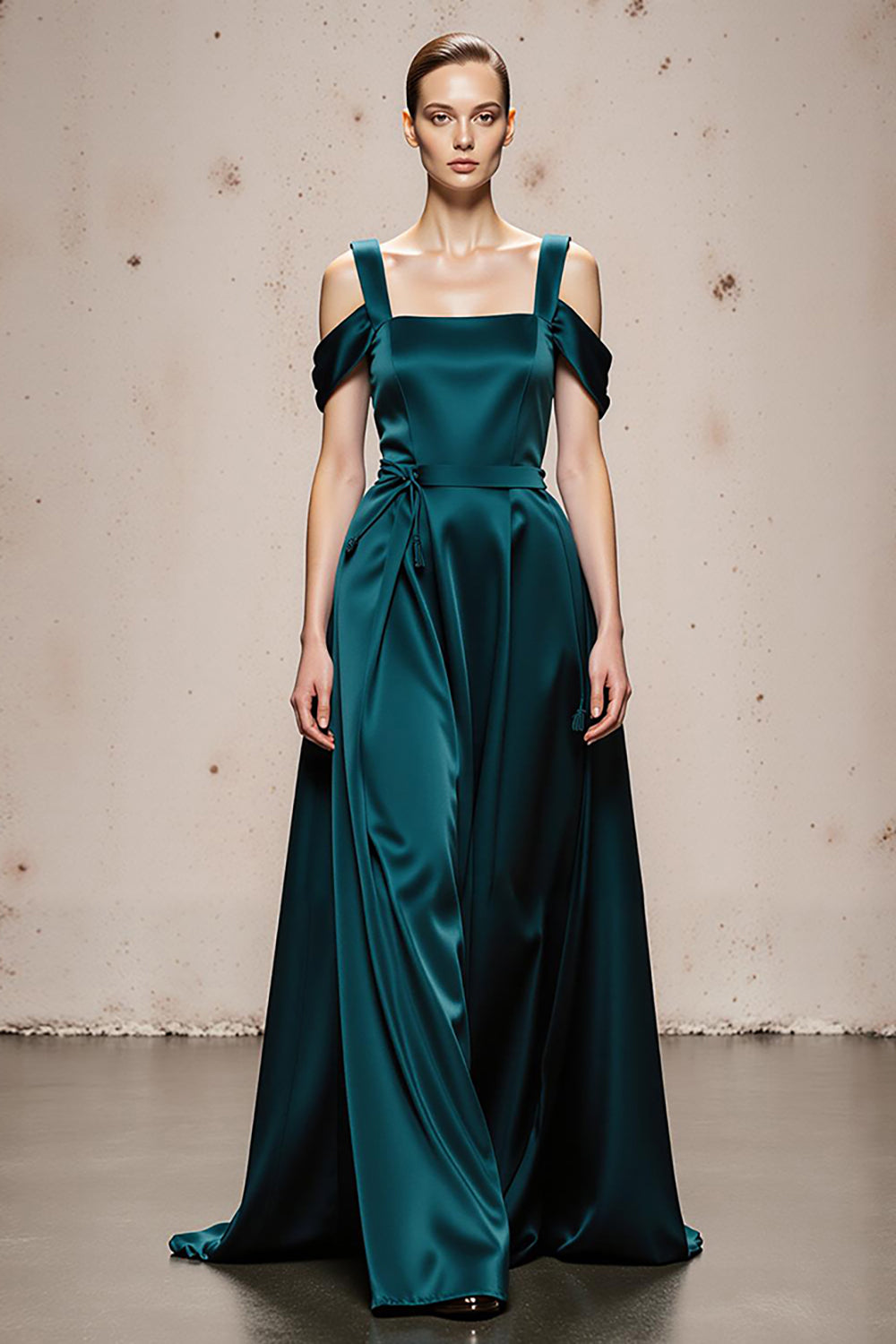 Peacock Blue Satin A Line Cold Shoulder Long Evening Dress
