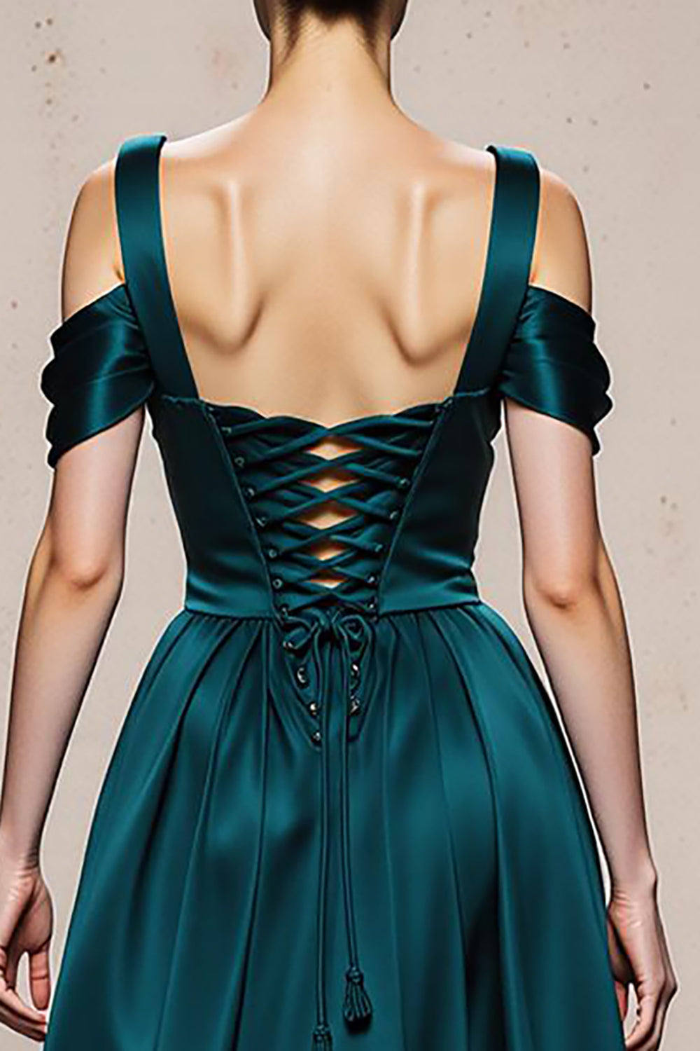 Peacock Blue Satin A Line Cold Shoulder Long Evening Dress