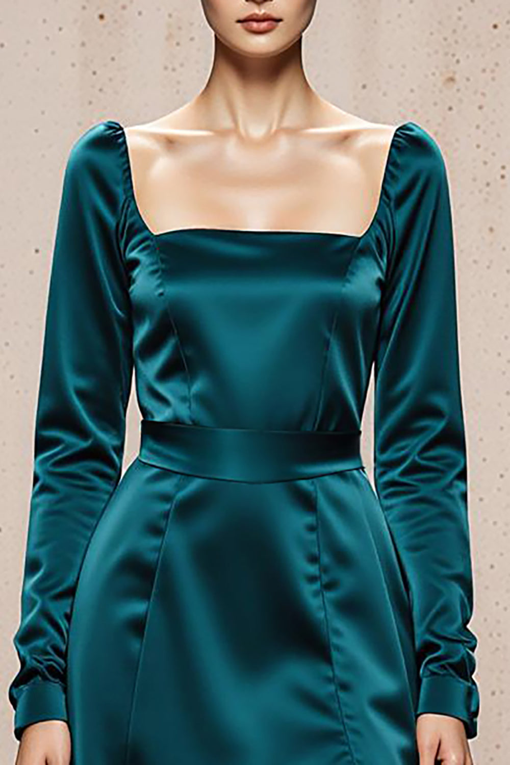 Peacock Blue Satin Sheath Square Neck Long Sleeves Evening Dress with Slit