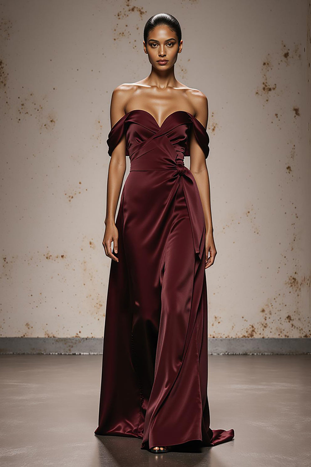 Burgundy Sheath Off the Shoulder Satin Sweetheart Long Evening Dress