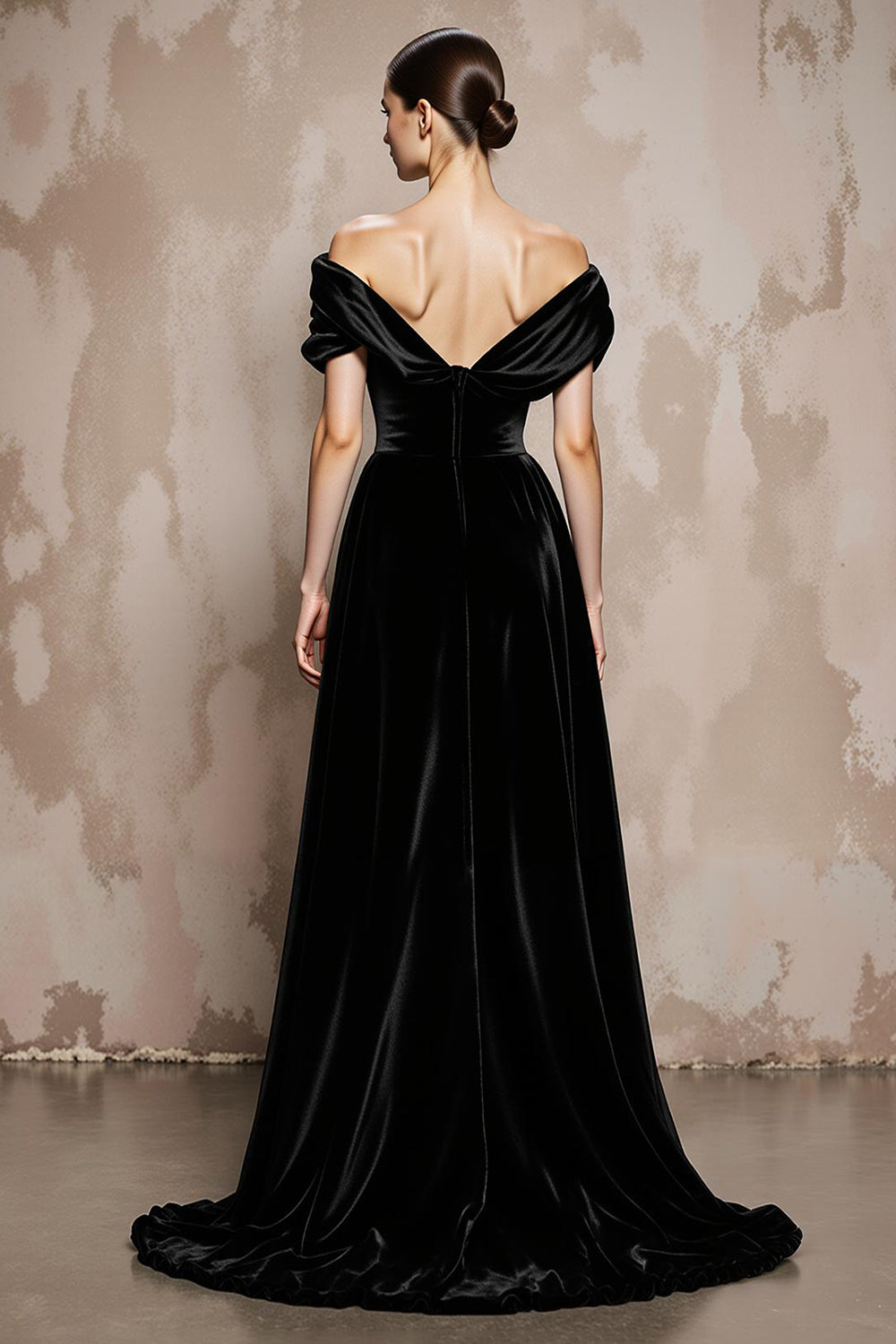 Black A-Line Off the Shoulder Long Velvet Evening Dress