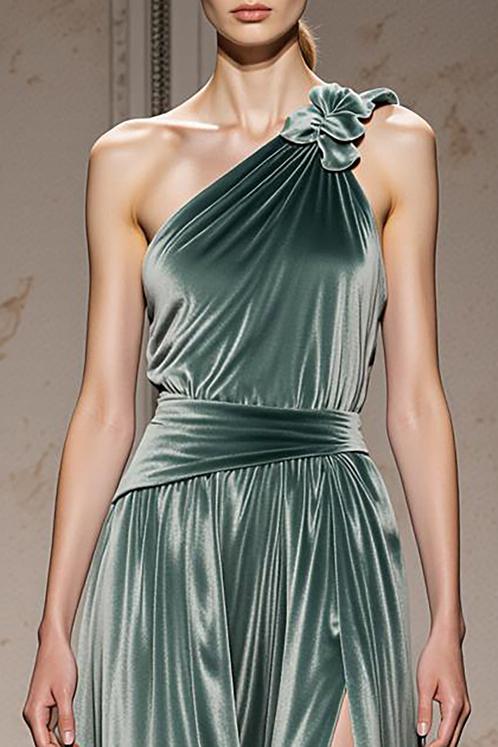 Mint Green One Shoulder Long Velvet Evening Dress with Slit
