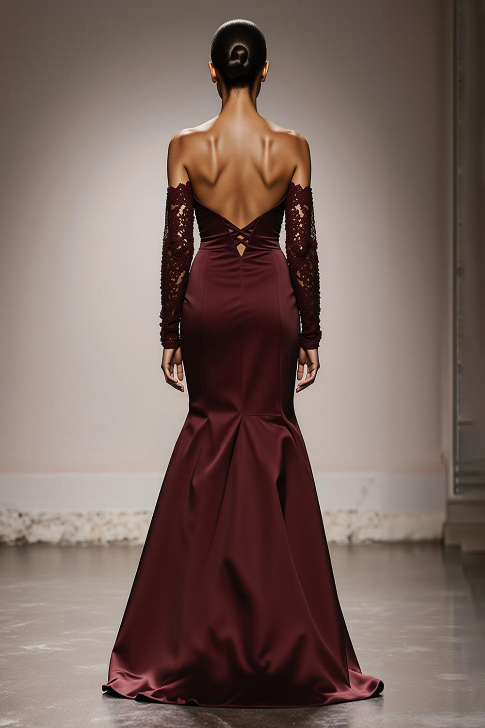 Burgundy Mermaid Off the Shoulder Satin Long Evening Dress with Lace