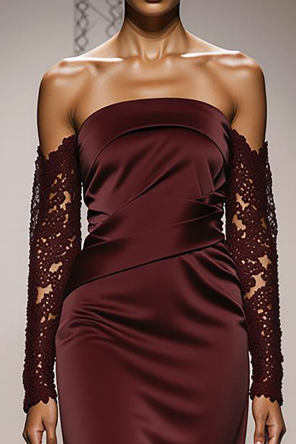 Burgundy Mermaid Off the Shoulder Satin Long Evening Dress with Lace