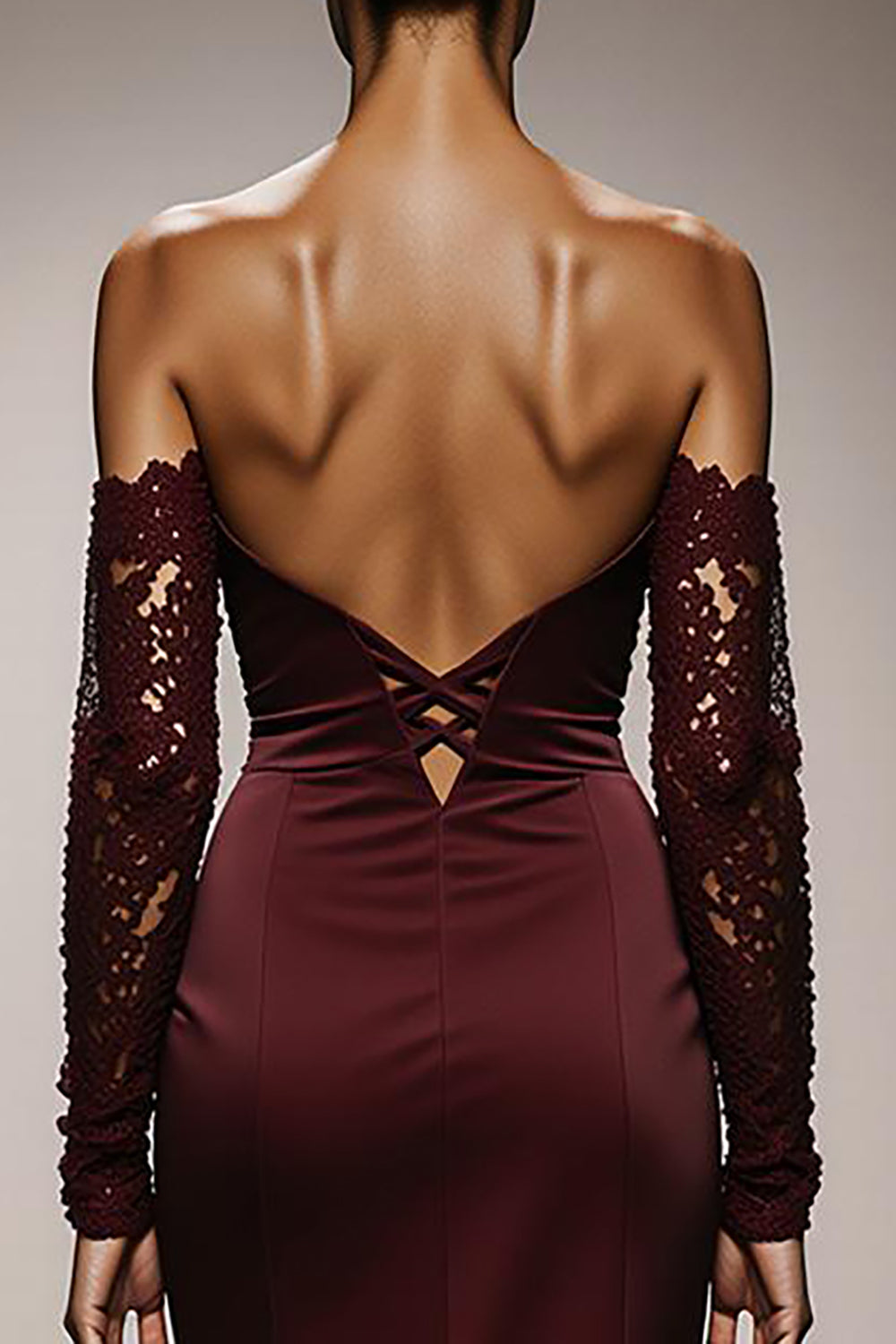 Burgundy Mermaid Off the Shoulder Satin Long Evening Dress with Lace