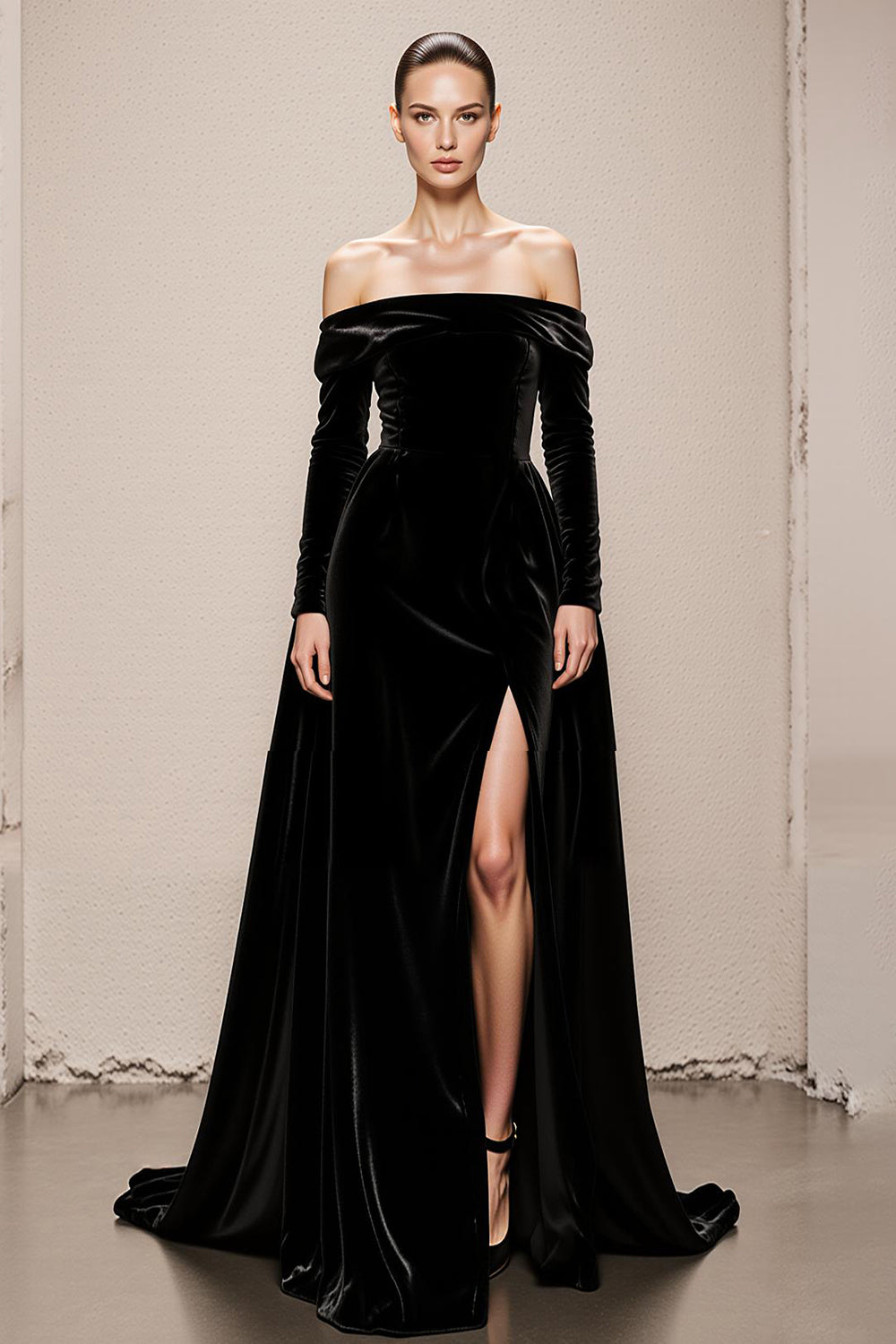 Black Velvet A-Line Off the Shoulder Long Evening Dress with Slit