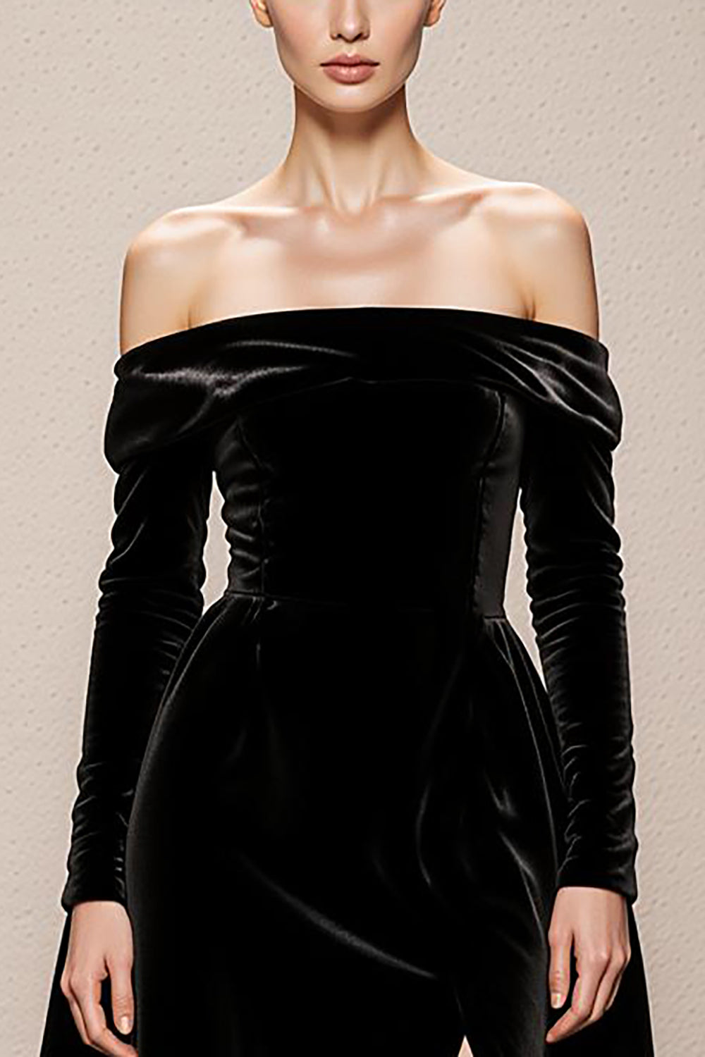 Black Velvet A-Line Off the Shoulder Long Evening Dress with Slit