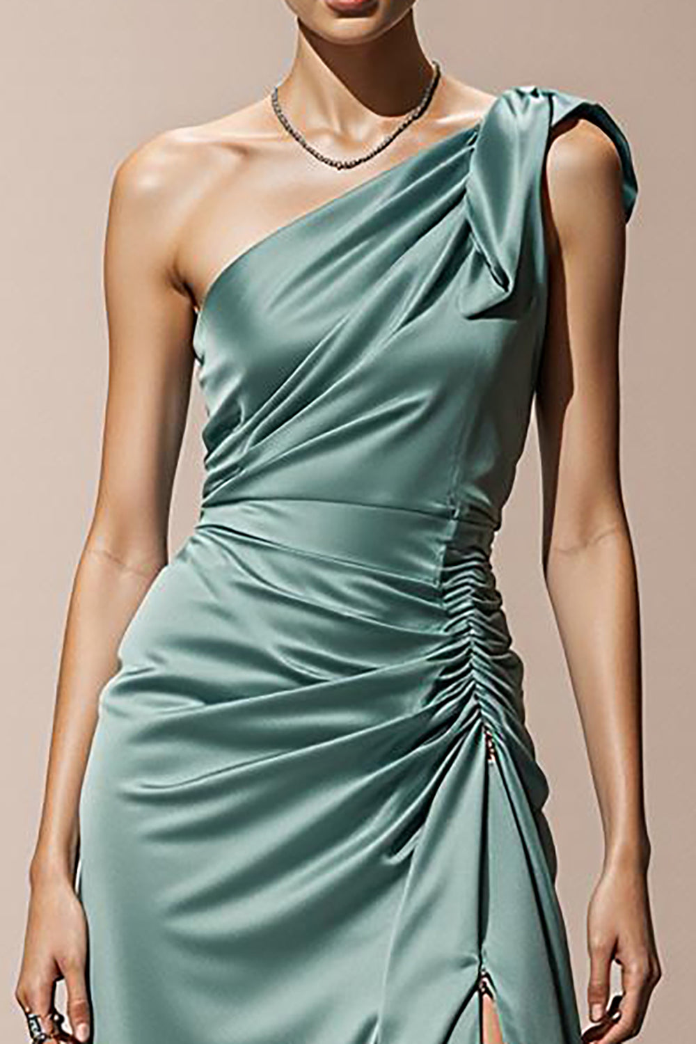 Mint Green Satin One Shoulder Long Sheath Evening Dress with Slit