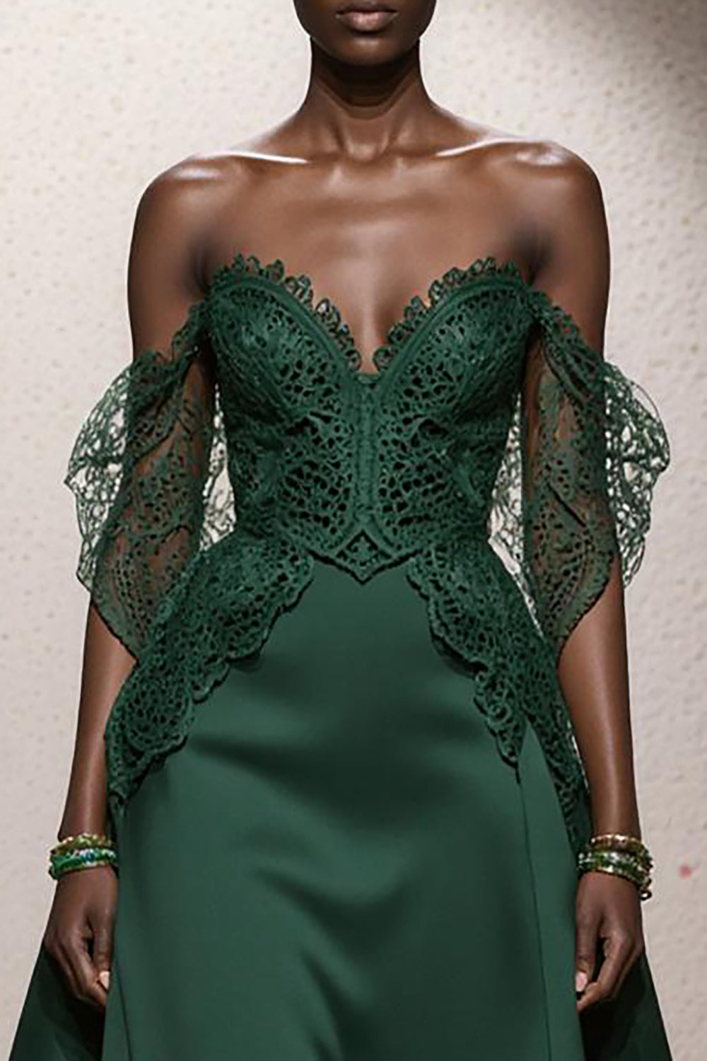 Dark Green A-Line Off the Shoulder Long Satin Evening Dress with Lace