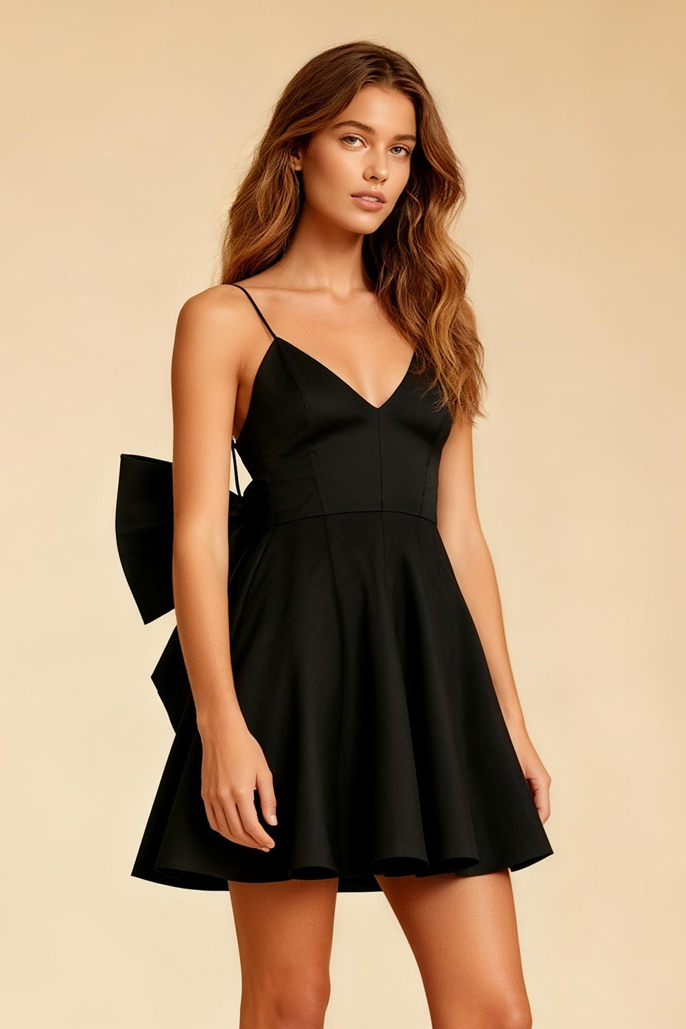 Black A-Line Spaghetti Straps Mini Cocktail Dress with Bow