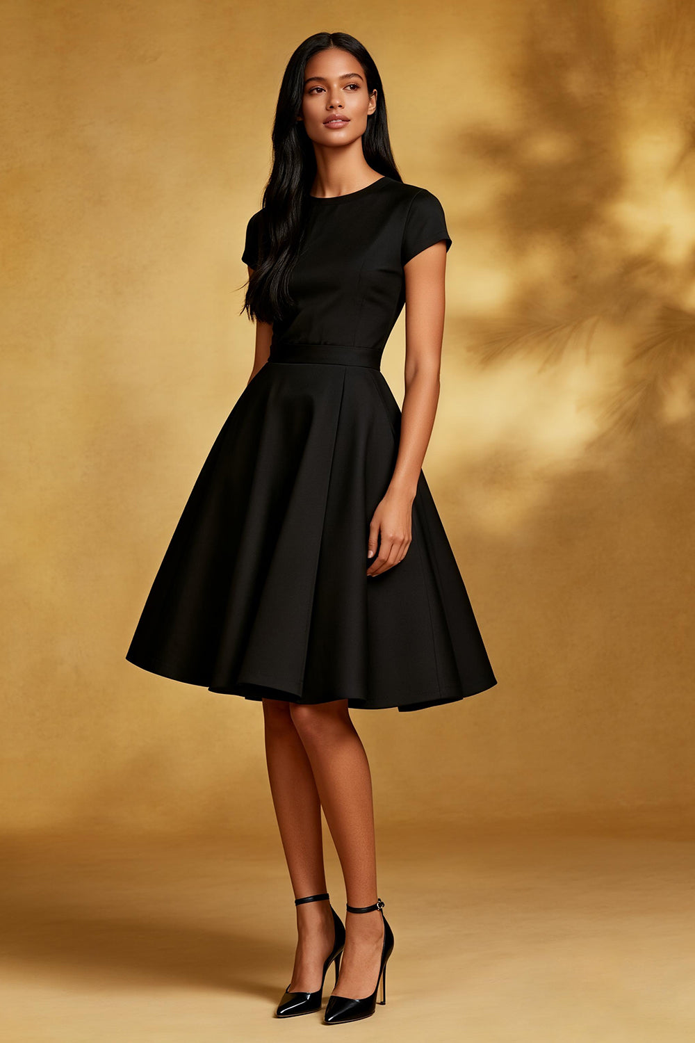 Black A-Line Satin Round Neck Cocktail Dress with Sleeves