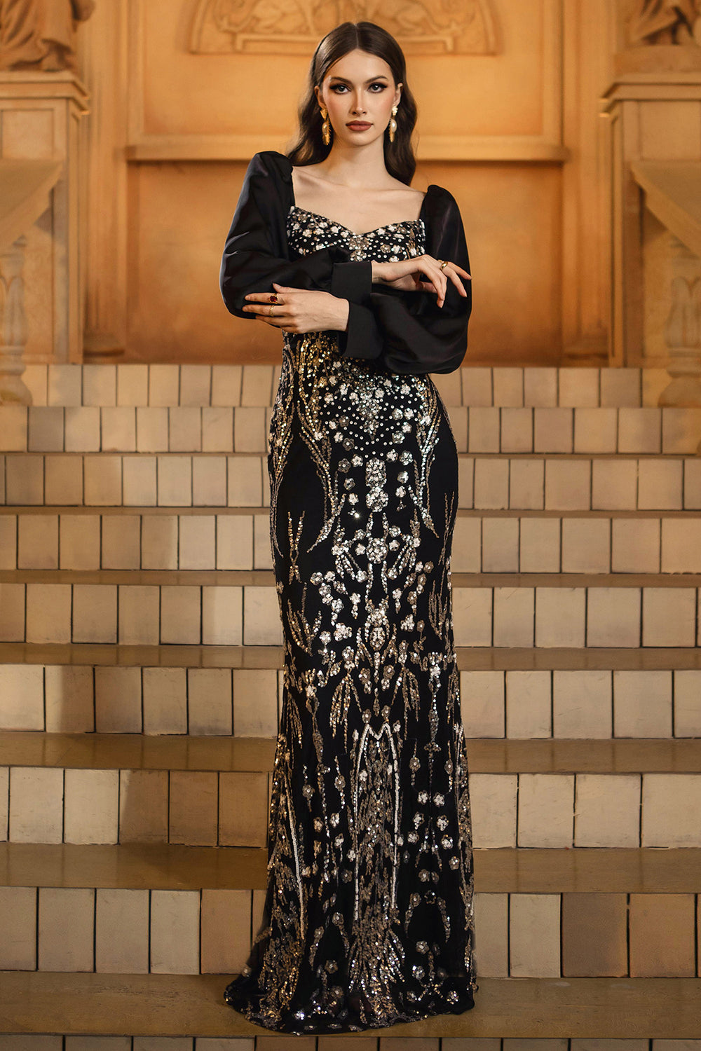 Sparkly Black Golden Mermaid Sequins Long Sleeves Holiday Party Dress with Beading