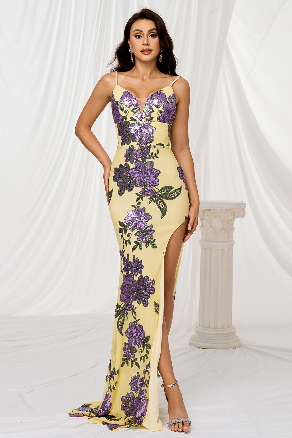 Sparkly Yellow Mermaid Long Floral Evening Dress with Slit