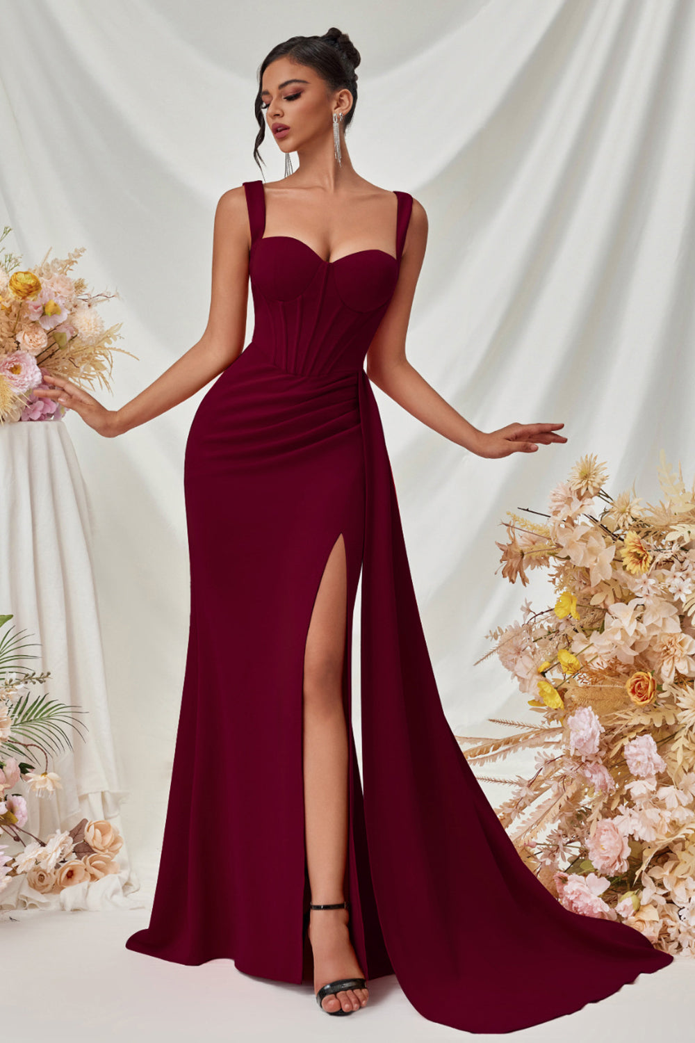 Elegant Black Mermaid Long Wedding Guest Dress with Side Cape