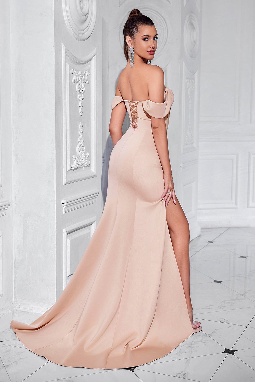 Blush Mermaid Corset Off the Shoulder Long Wedding Guest Dress with Slit