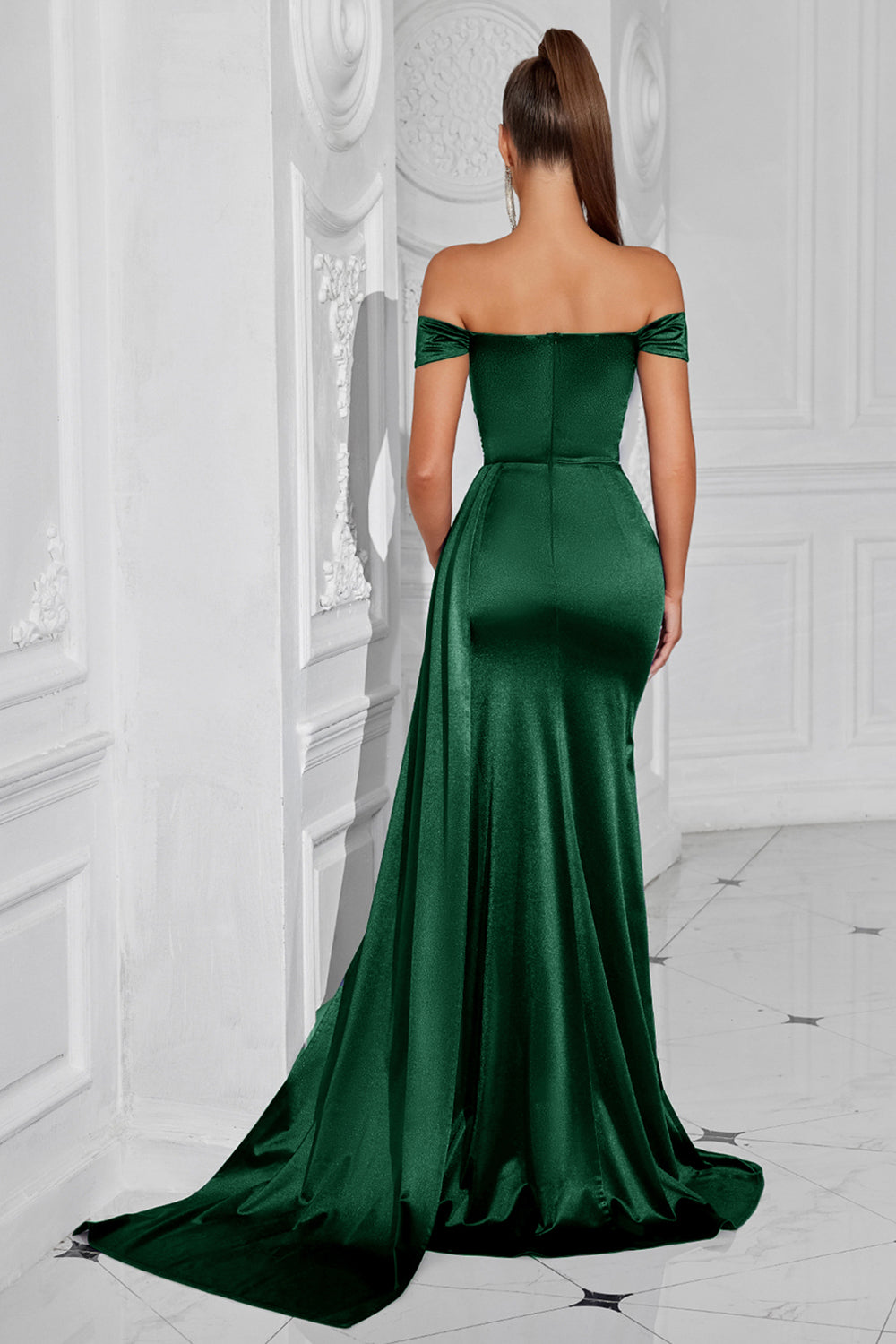 Dark Green Mermaid Off The Shoulder Satin Long Evening Dress with Slit