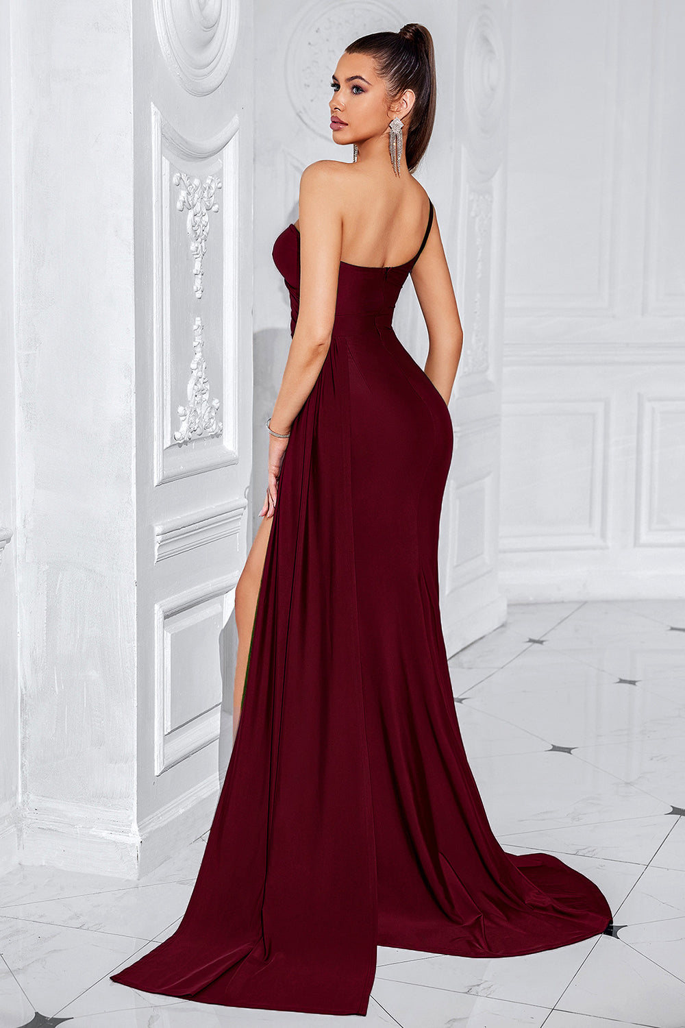 Black One Shoulder Satin Ruched Long Mermaid Evening Dress with Slit