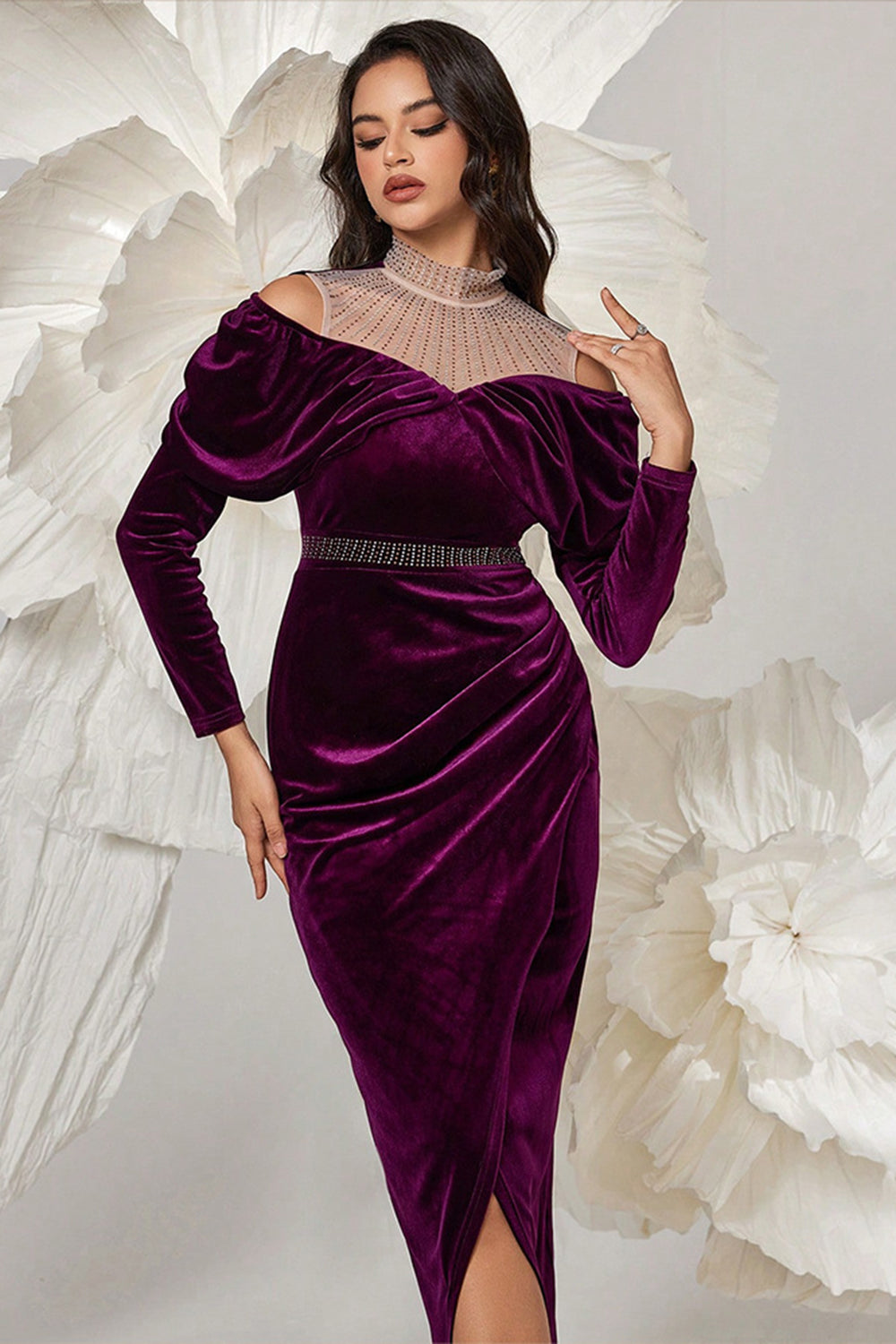 Dark Purple Velvet Sheath High Neck Ruched Long Sleeves Wedding Guest Dress
