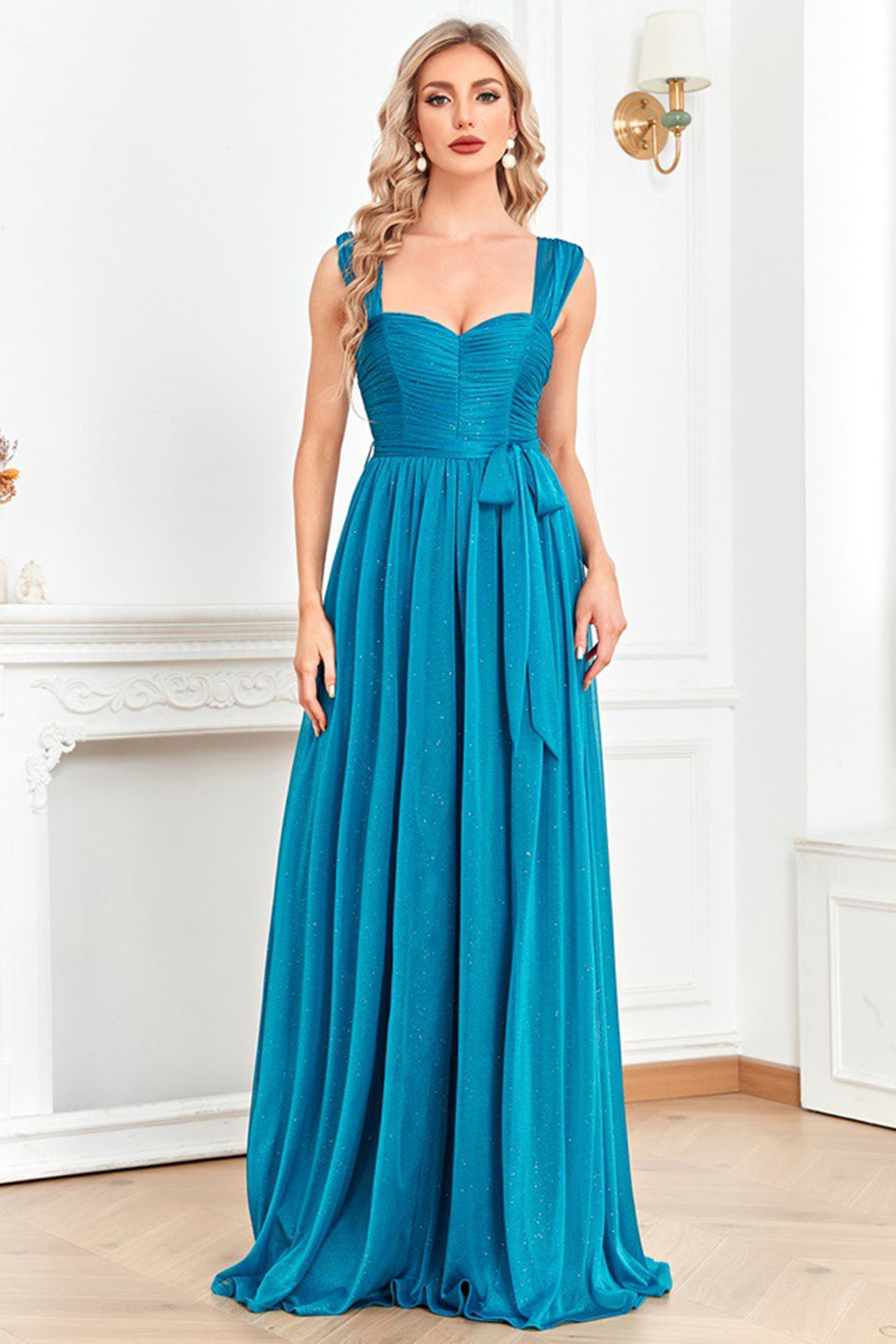 Blue A-Line Sweetheart Ruched Long Wedding Guest Dress with Sash