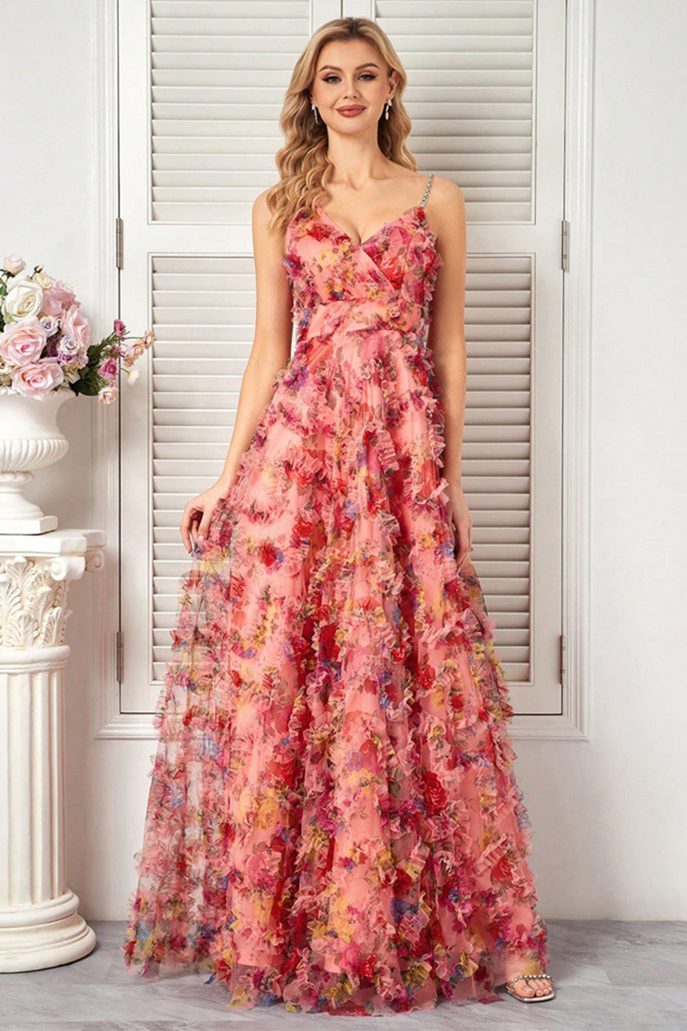 Floral Blush A-Line Spaghetti Straps Long Wedding Guest Dress with Ruffles