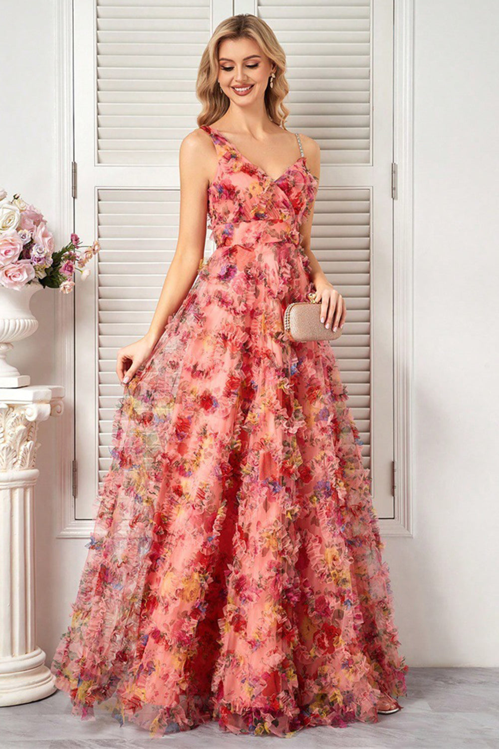 Floral Blush A-Line Spaghetti Straps Long Wedding Guest Dress with Ruffles