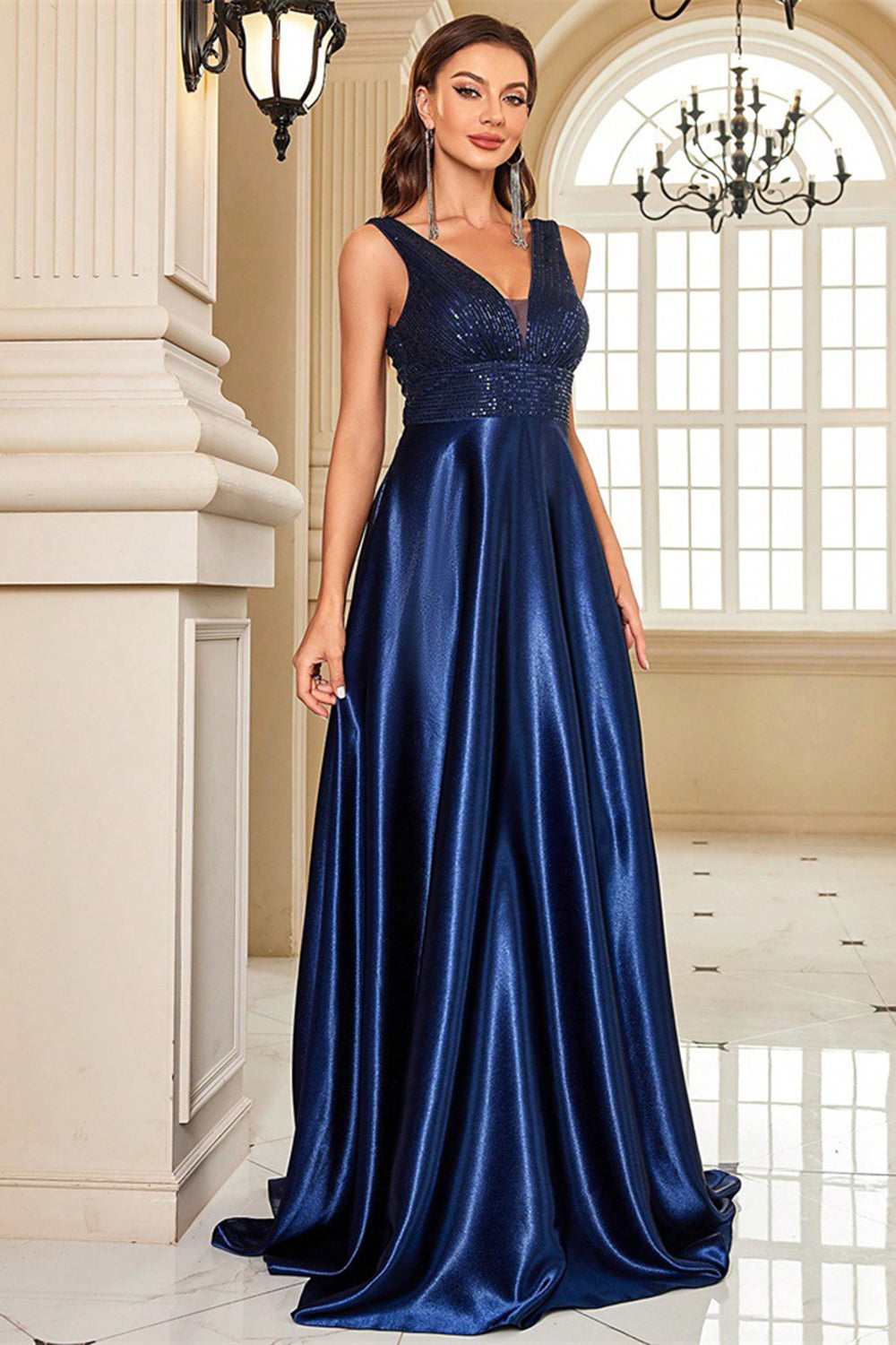 Sparkly Navy A-Line V-Neck Long Satin Wedding Guest Dress with Beading