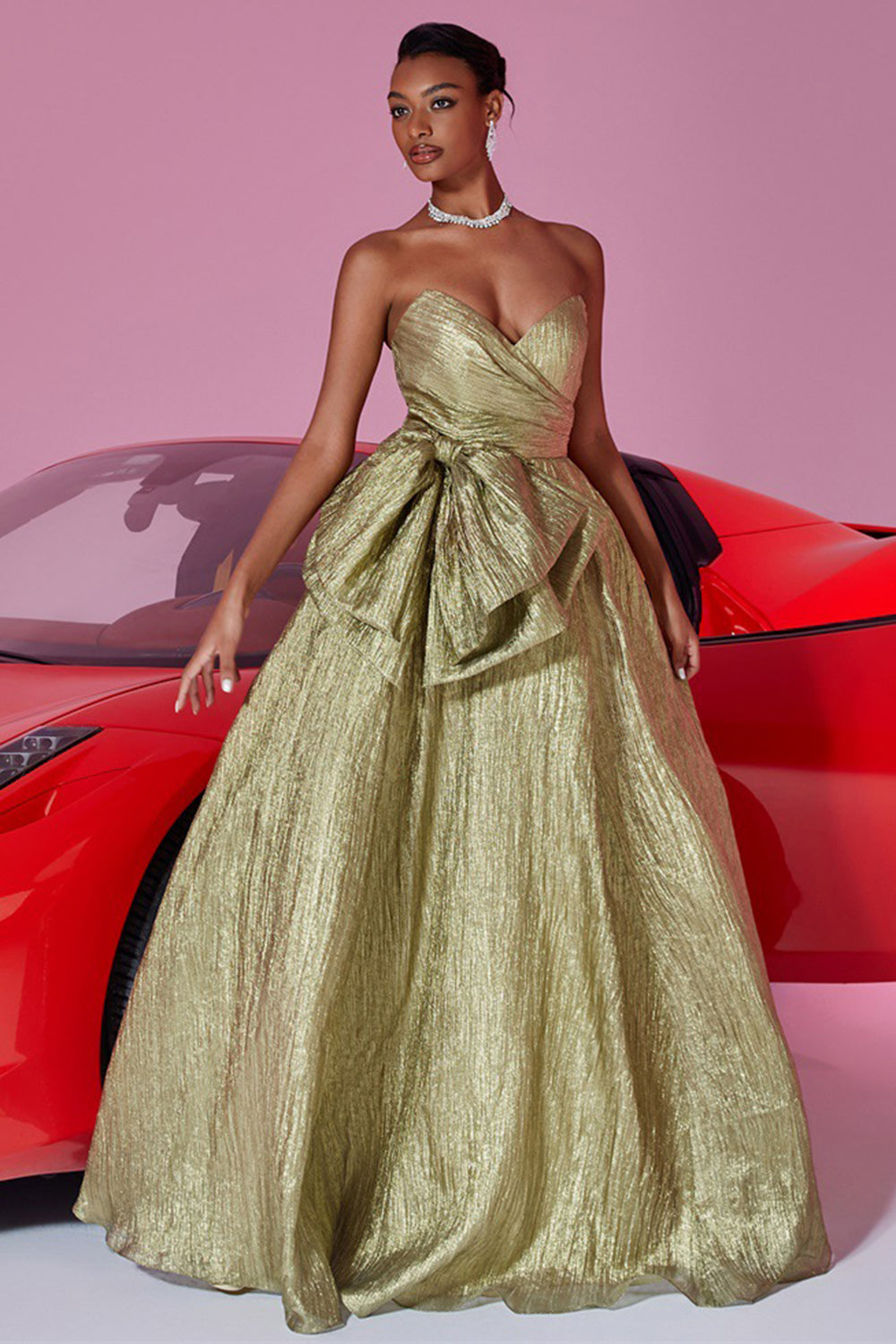 Metallic Gold Sweetheart A-Line Long Prom Dress with Bow