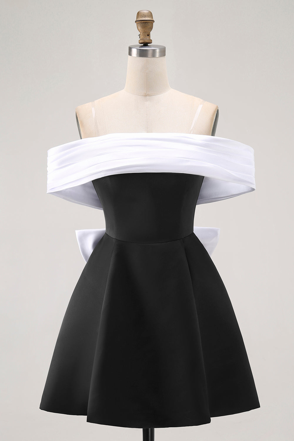 Black Off the Shoulder A-Line Short Satin Homecoming Dress with Bow