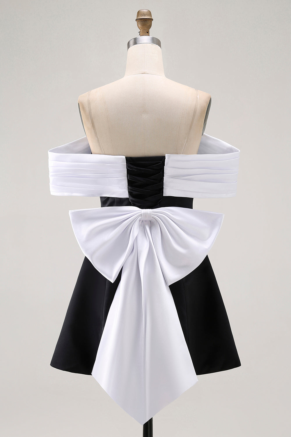 Black Off the Shoulder A-Line Short Satin Homecoming Dress with Bow