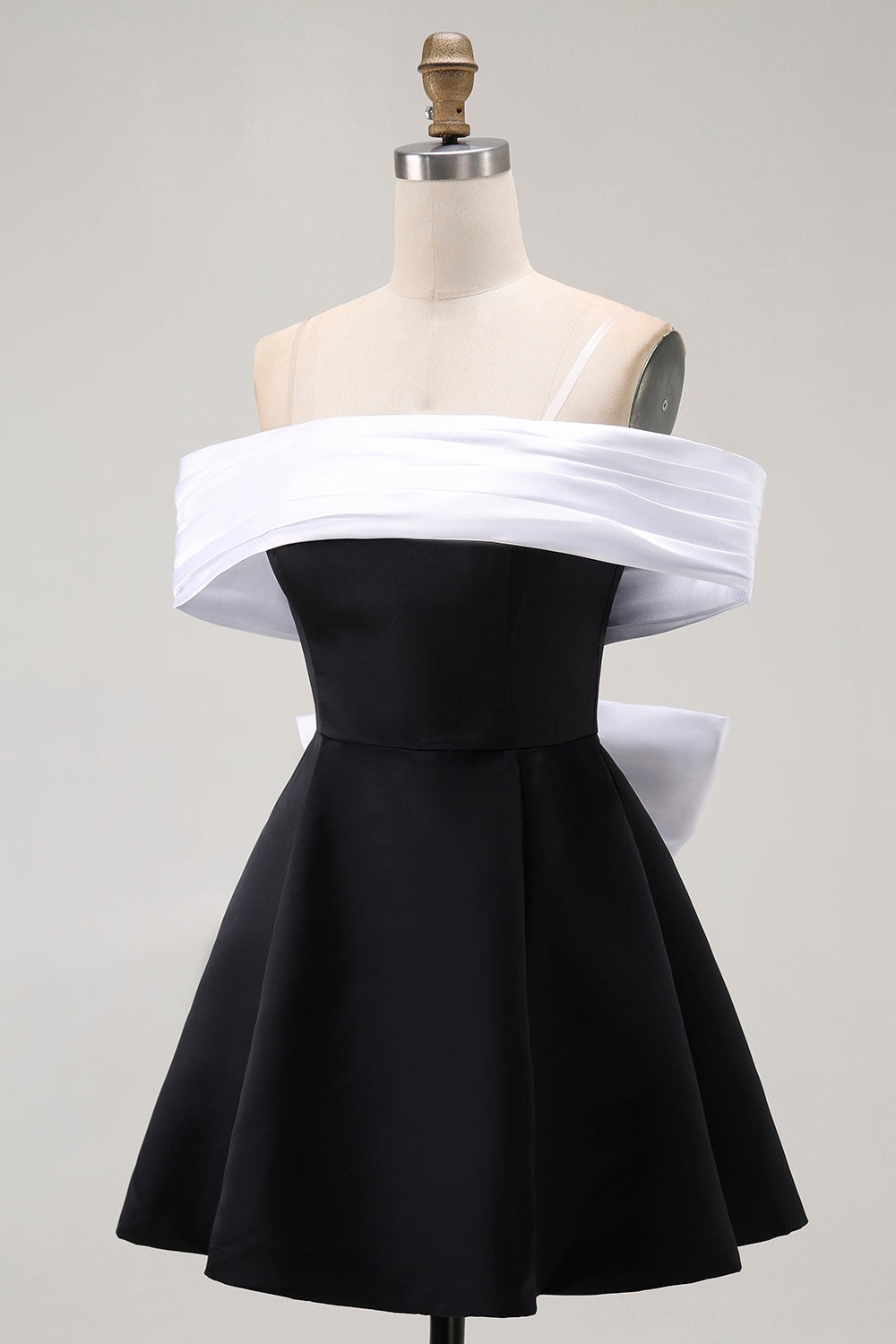 Black Off the Shoulder A-Line Short Satin Homecoming Dress with Bow