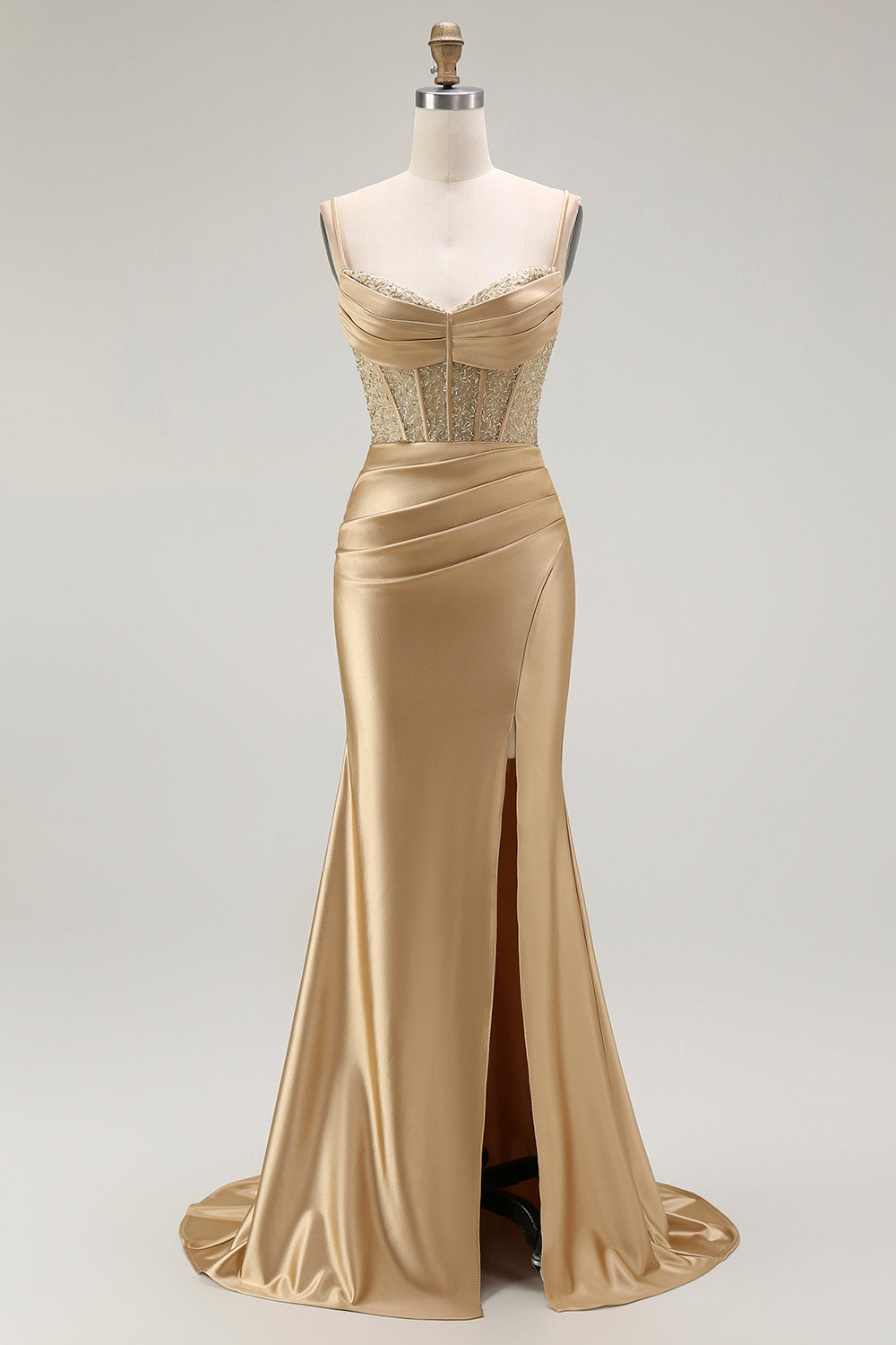 Sparkly Gold Corset Satin Long Mermaid Prom Dress with Slit